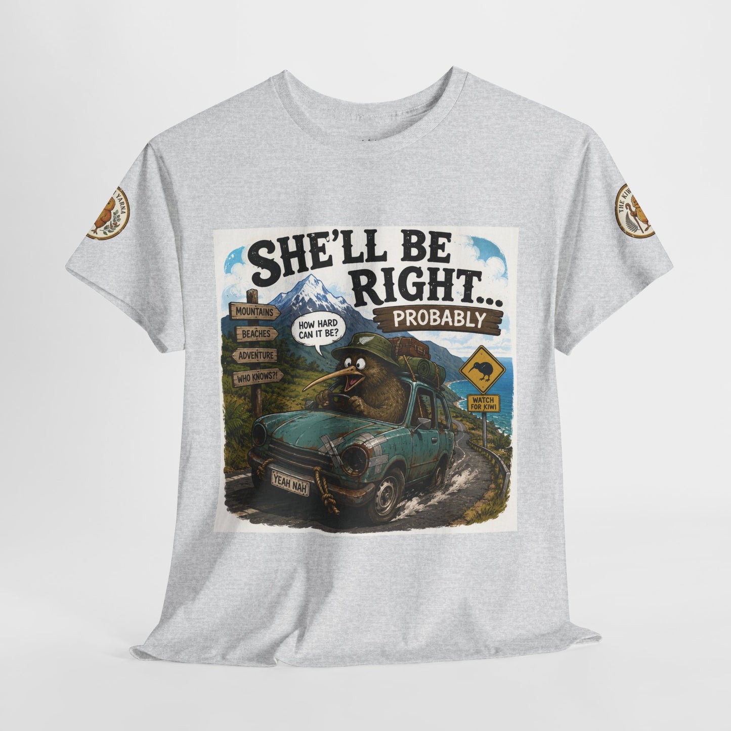 Heather gray graphic T-shirt with front truck scene print and small sleeve emblems.