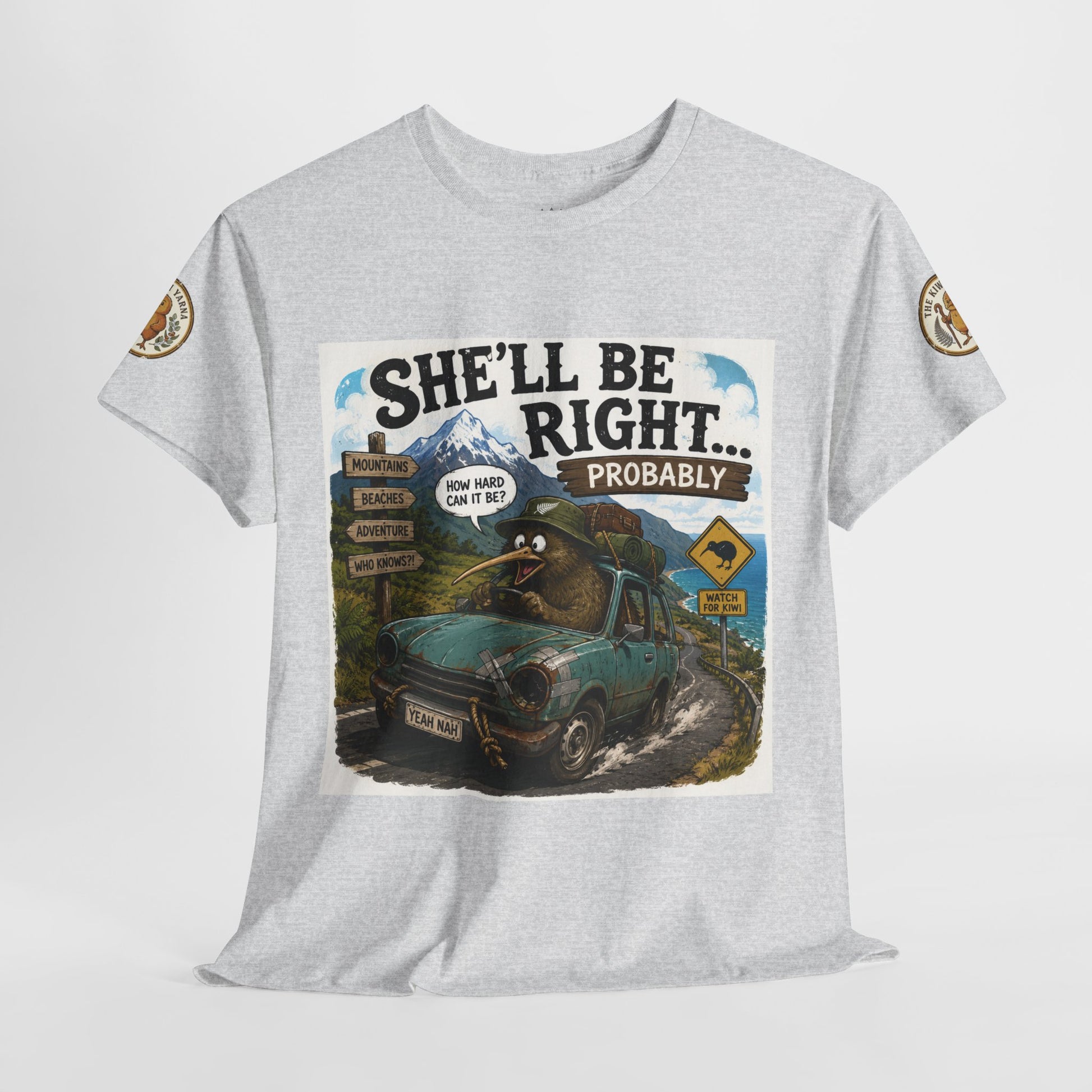 Heather gray graphic T-shirt with front truck scene print and small sleeve emblems.