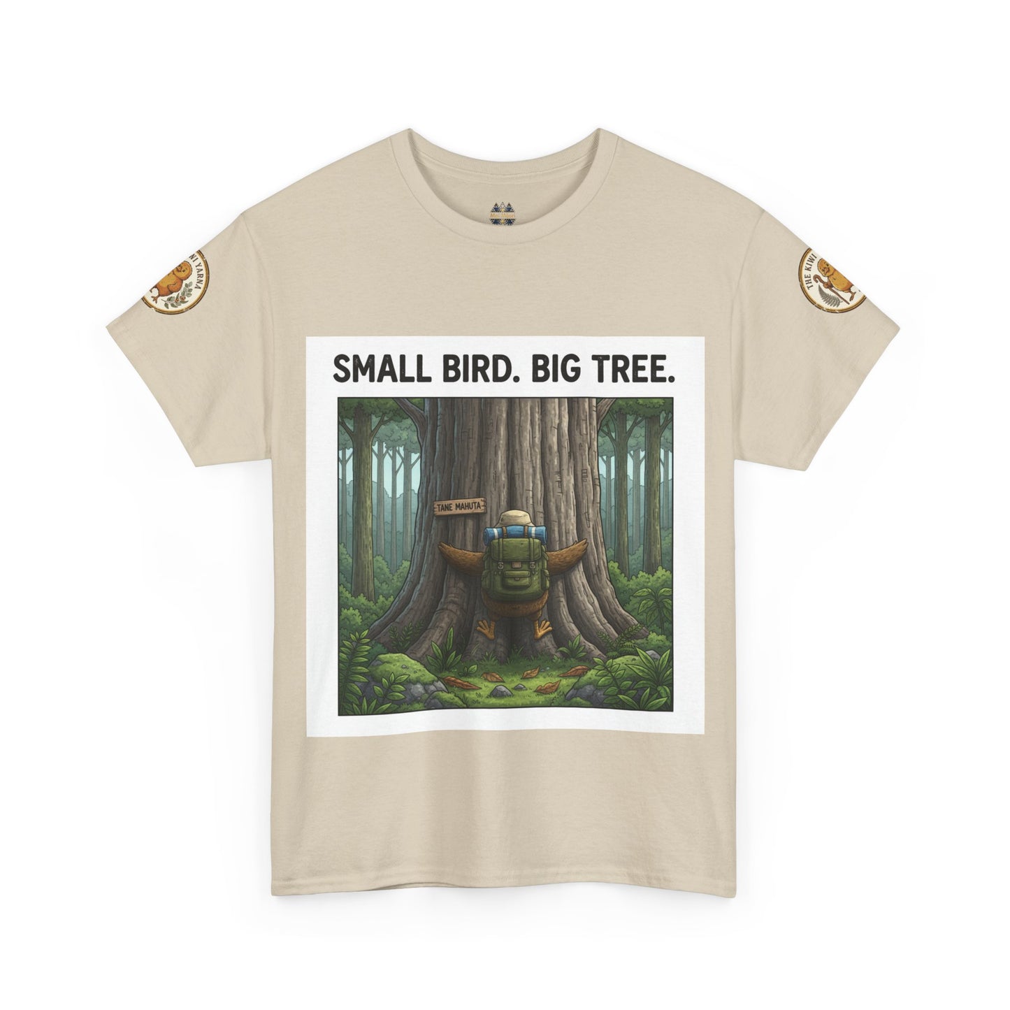 Natural/beige graphic T-shirt with forest scene print, round neck, short sleeves