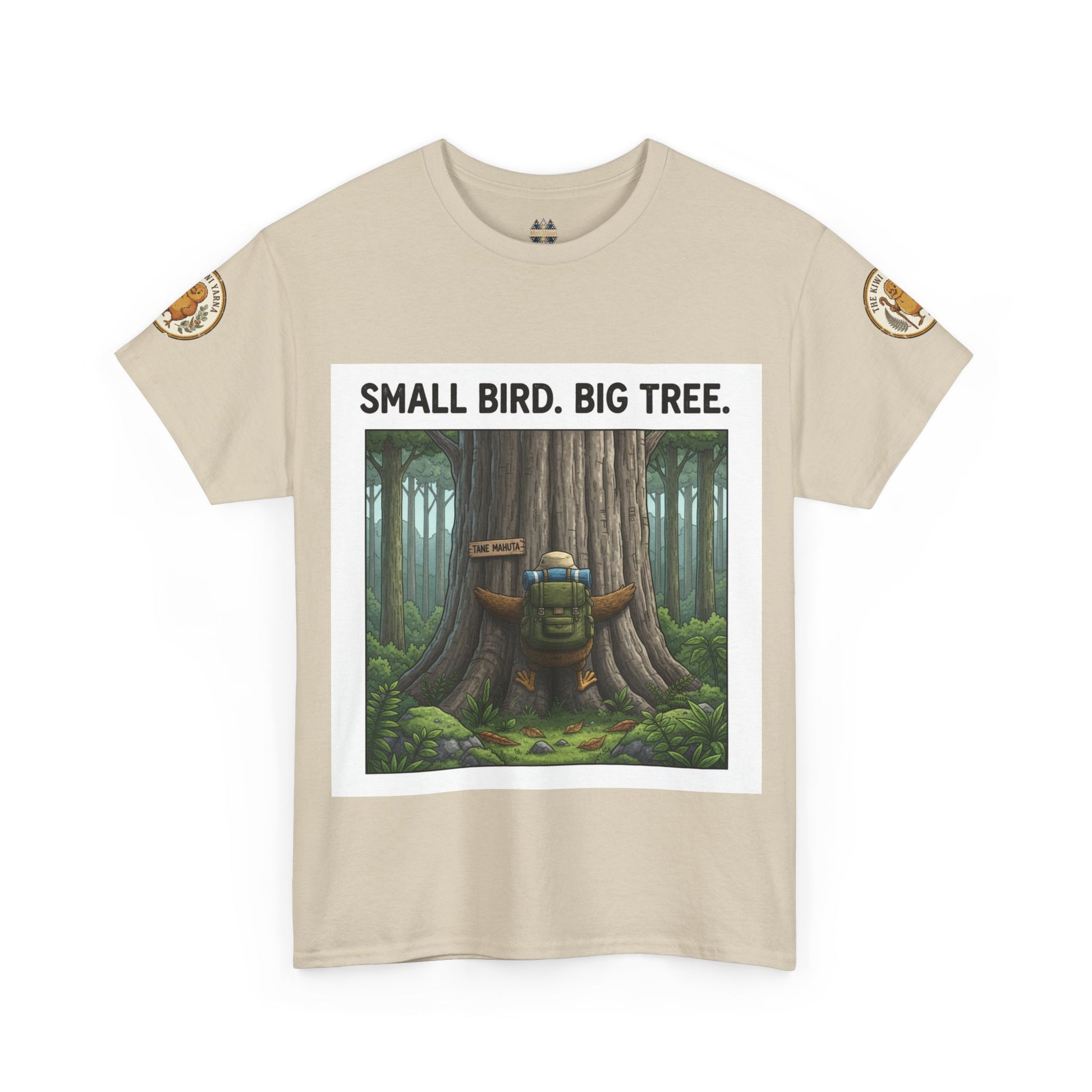 Natural/beige graphic T-shirt with forest scene print, round neck, short sleeves
