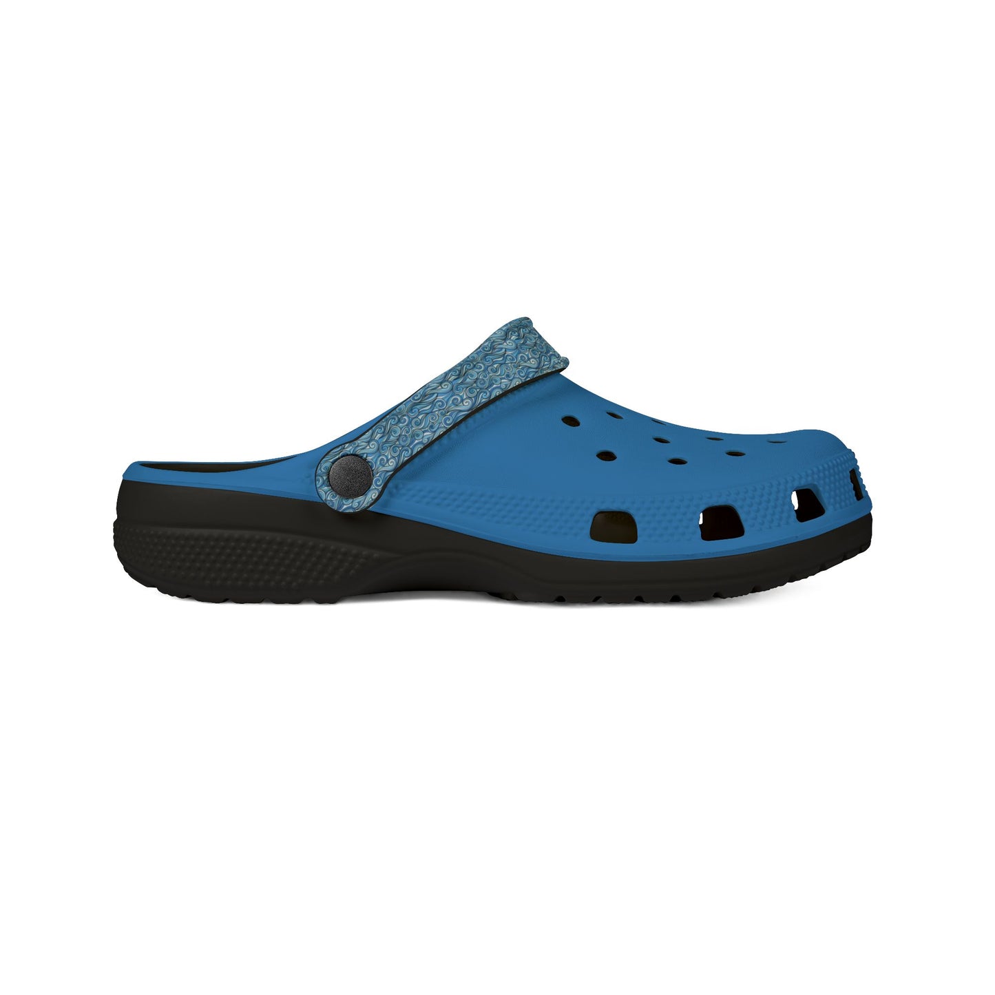 Blue clog slide sandal with patterned strap and ventilation holes, side view