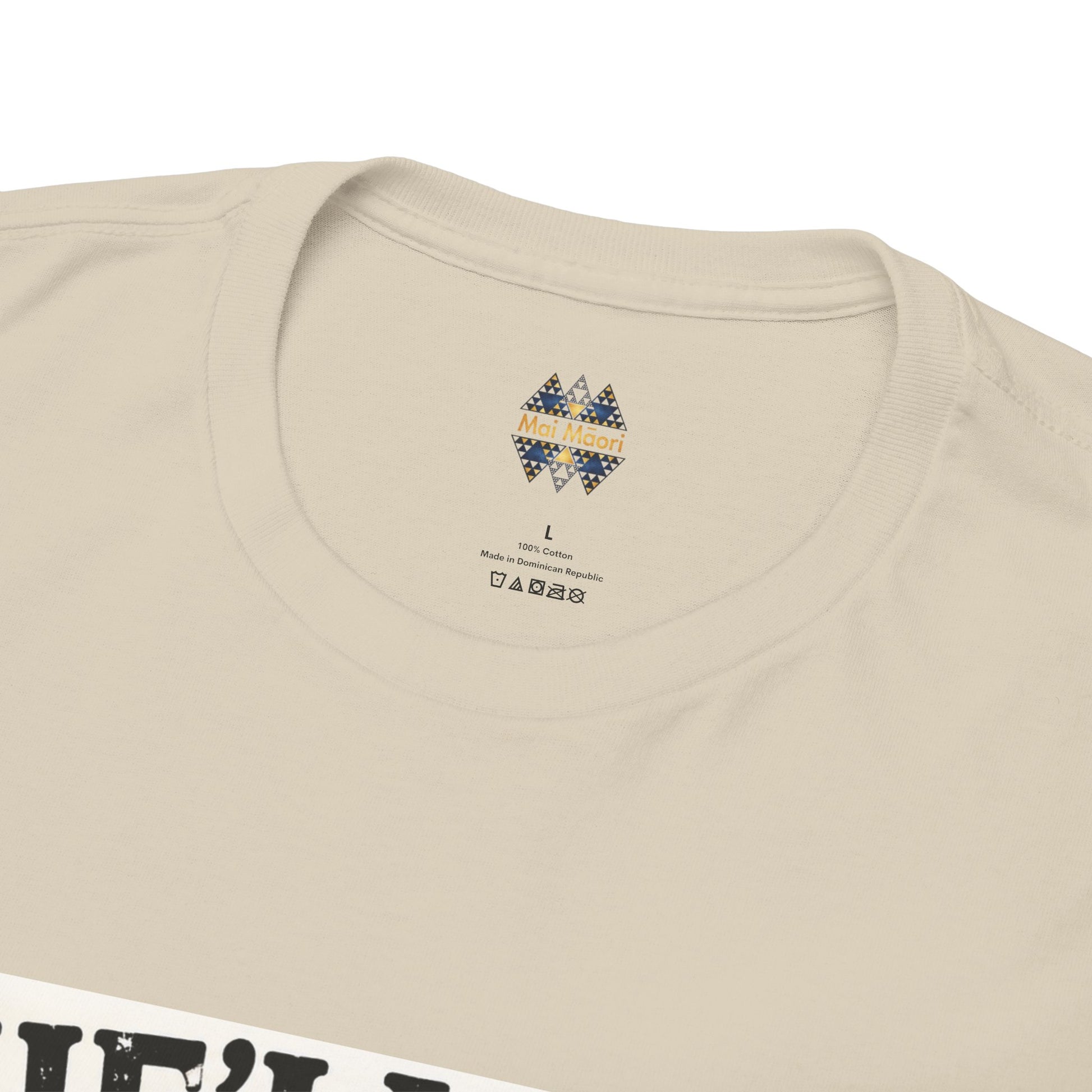 Cream T-shirt back collar with small central logo graphic