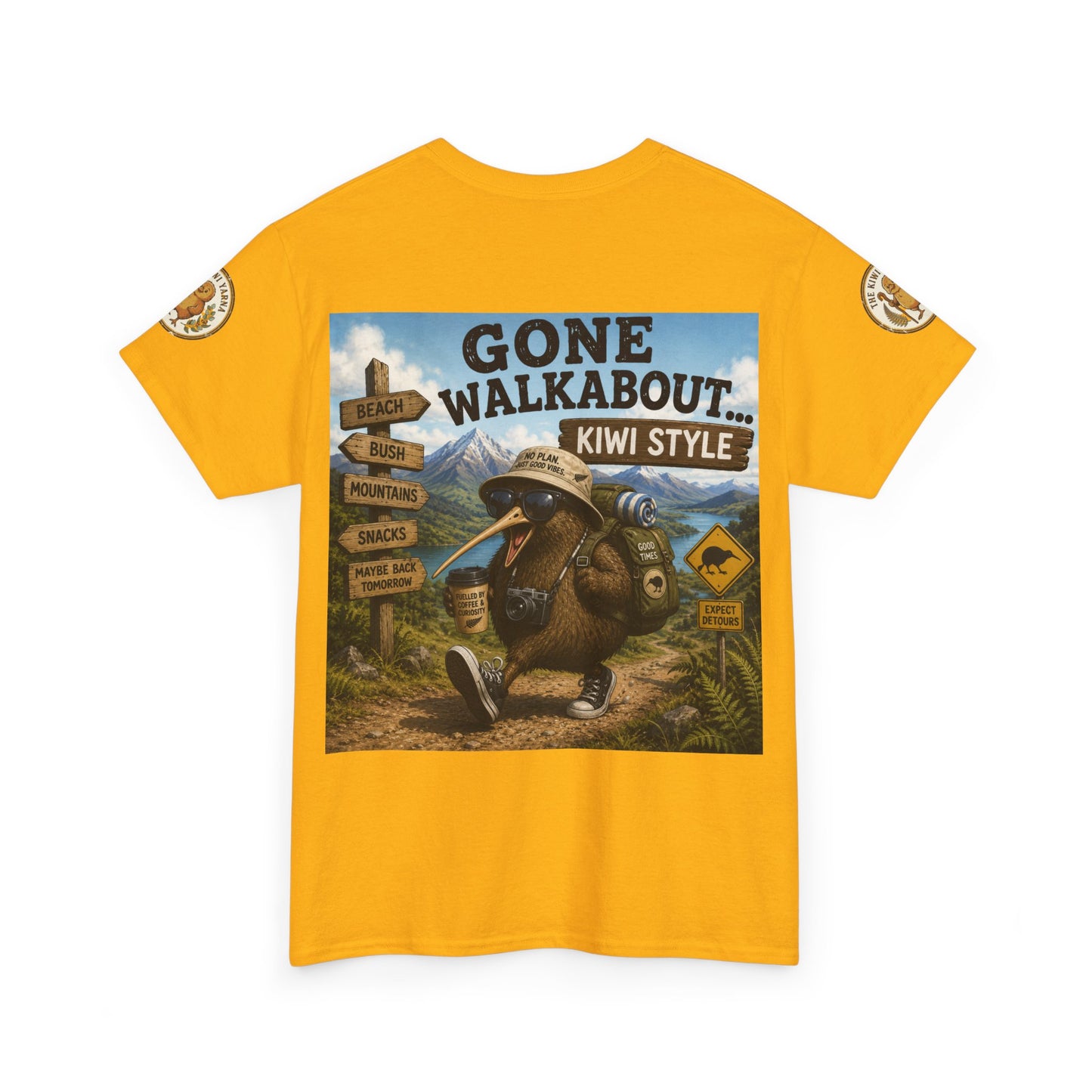 Yellow T-shirt with 'Gone Walkabout Kiwi Style' square kiwi graphic and sleeve badges