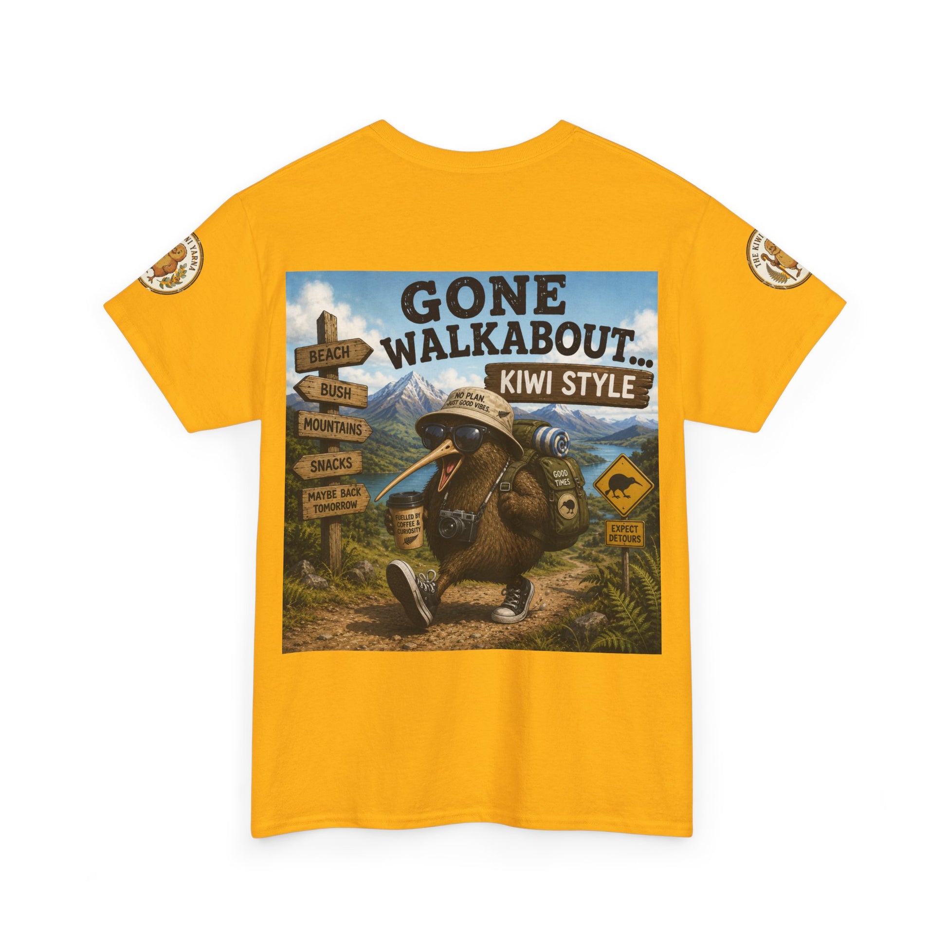 Yellow T-shirt with 'Gone Walkabout Kiwi Style' square kiwi graphic and sleeve badges
