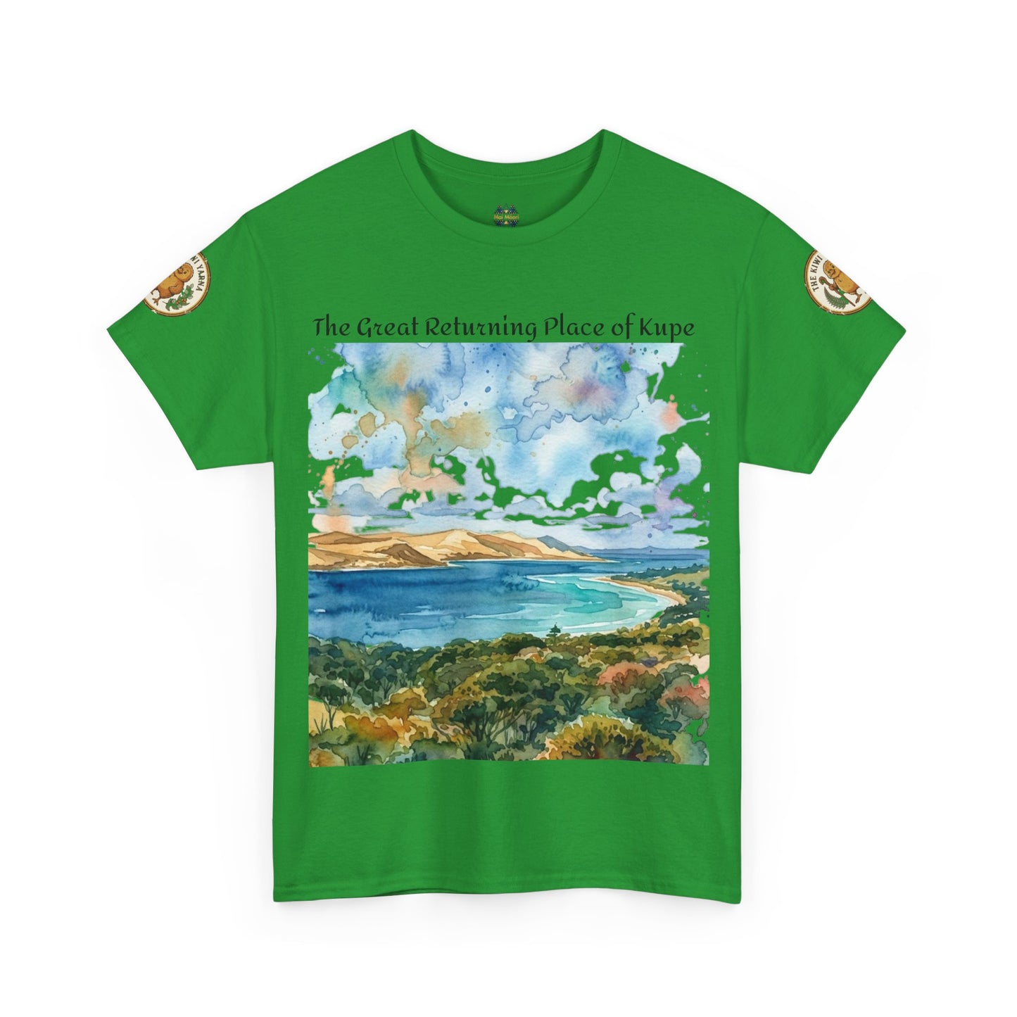 Bright green crewneck T-shirt with landscape print and gold sleeve patches, front view.