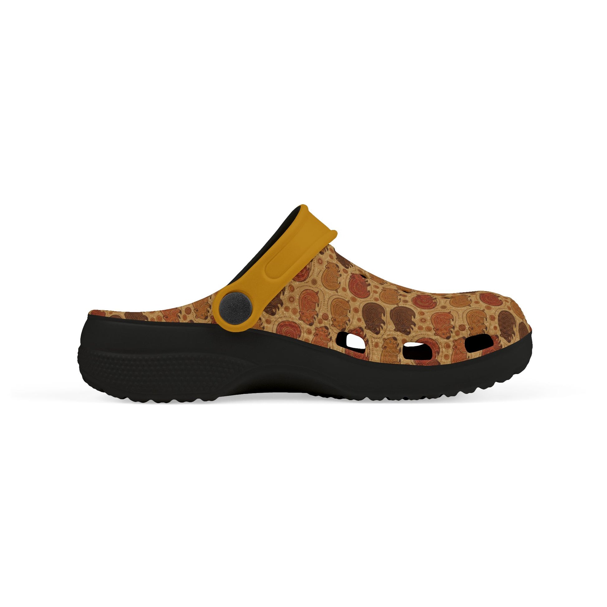Patterned mule clog with yellow strap and black sole, side profile view.