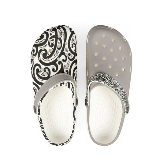 Ponga clogs, white and black paisley print upper with gray perforated footbed
