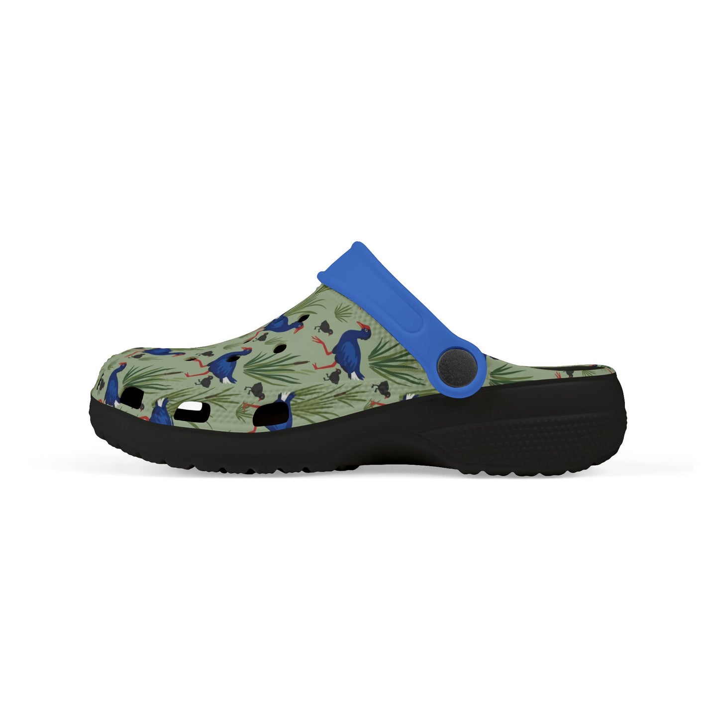 Kids slip-on clogs in blue and patterned fabric, side view, perforated design.