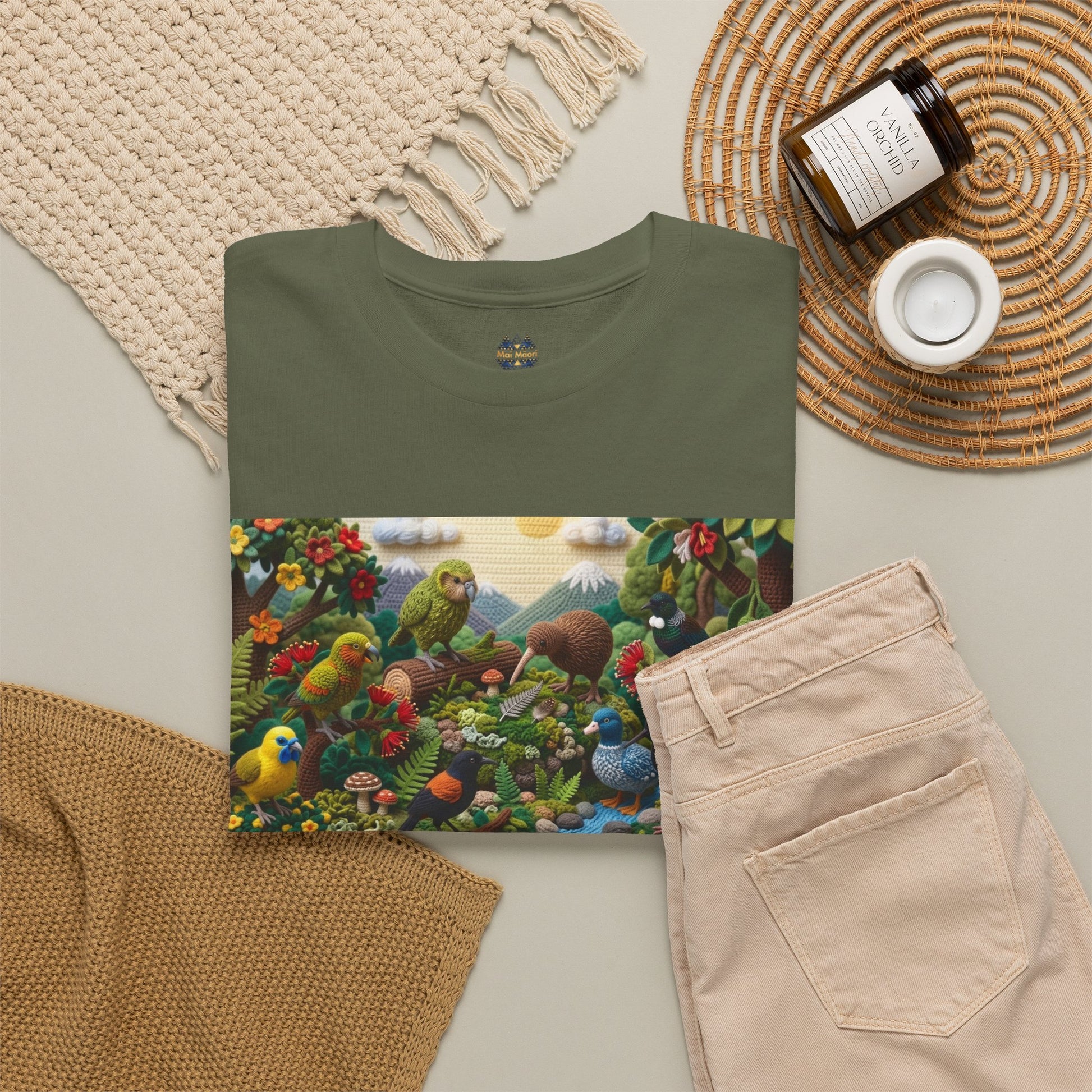 Olive green crewneck T-shirt with bird-and-mushroom rectangular graphic, short sleeves