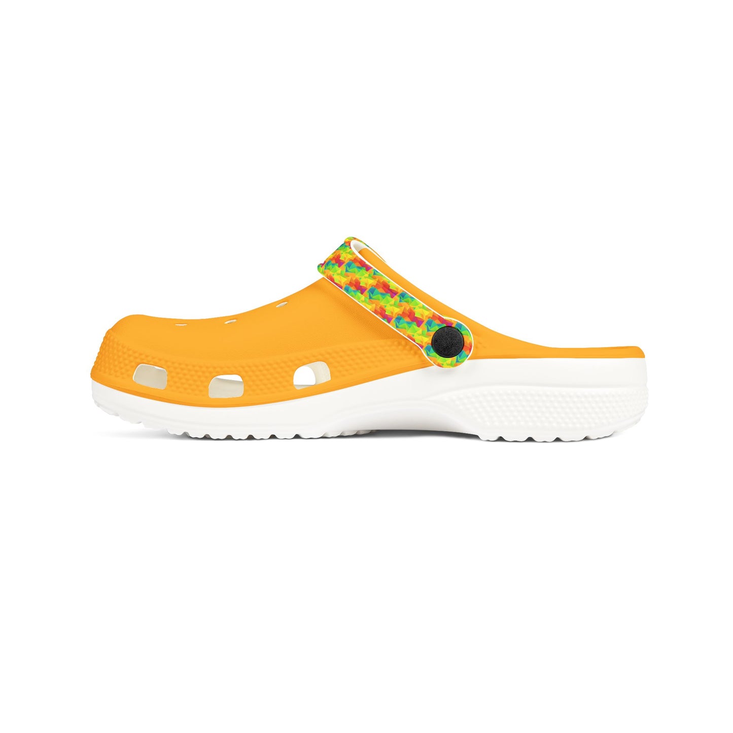 Orange clog shoes with multicolor floral/geometric strap detail and white sole