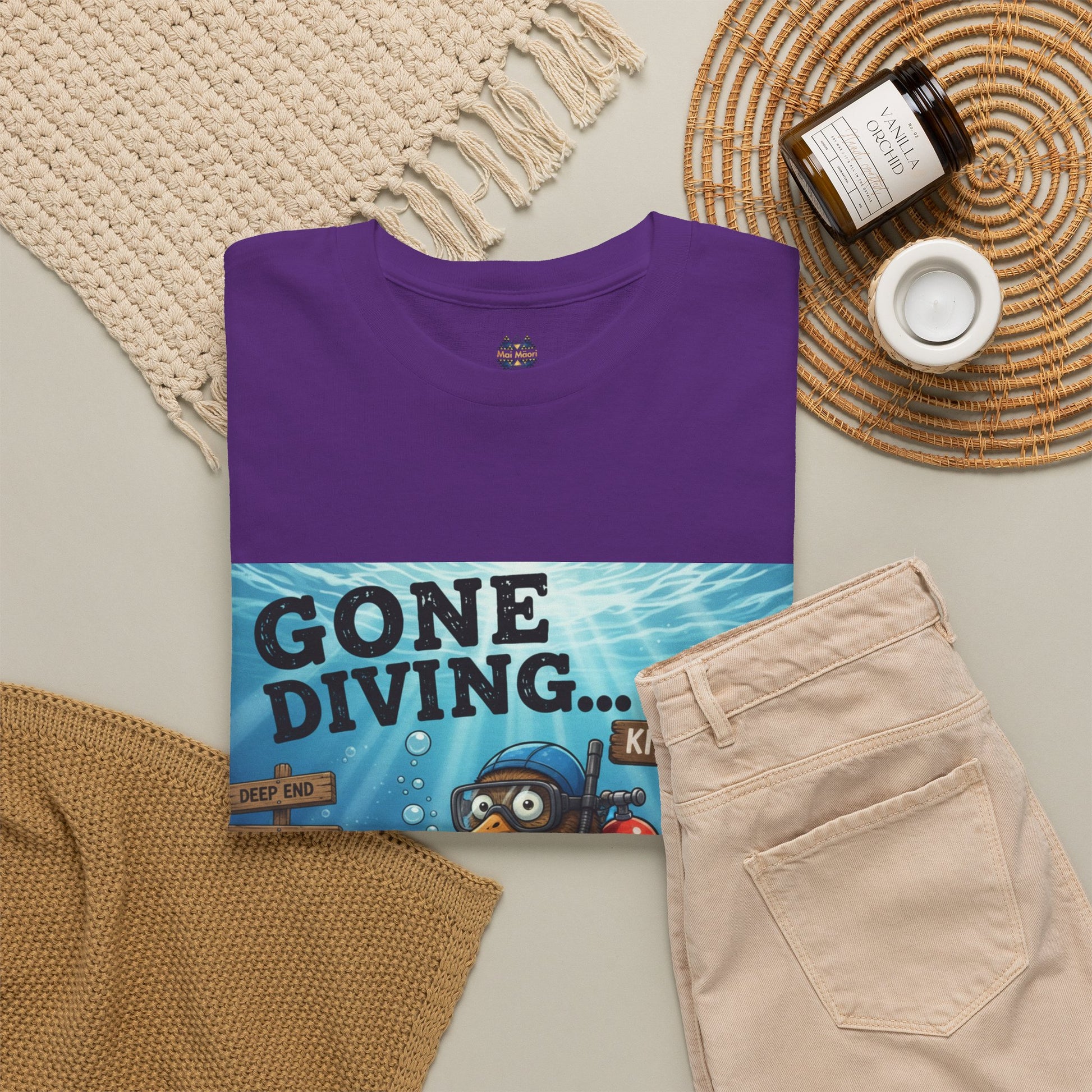 Purple graphic crew-neck T-shirt with ocean diver character print panel