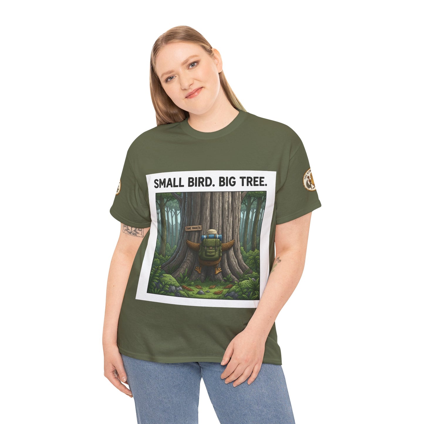 Unisex graphic T-shirt, dark green with front square forest scene and slogan