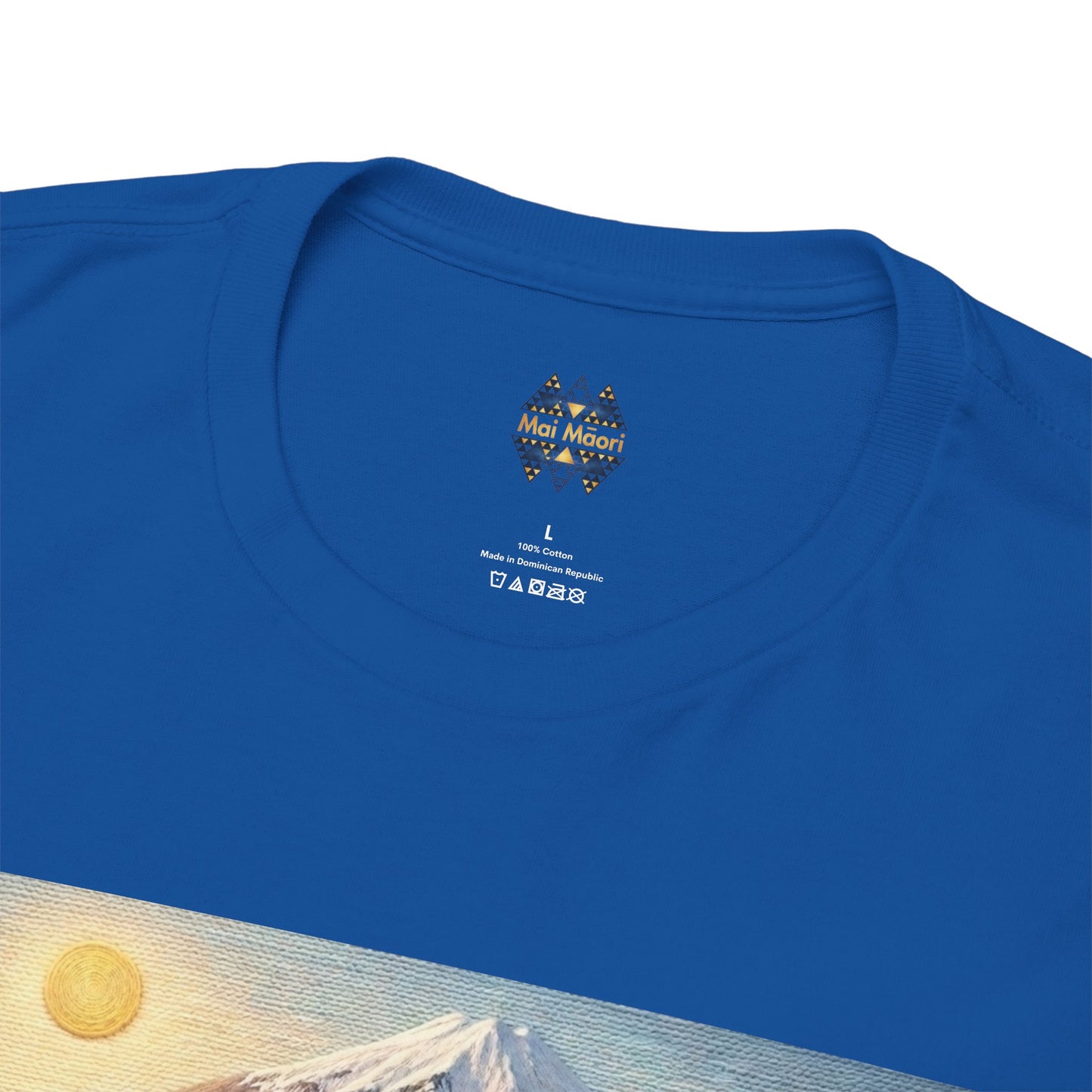 Royal blue T-shirt with crew neck and small chest logo above landscape graphic