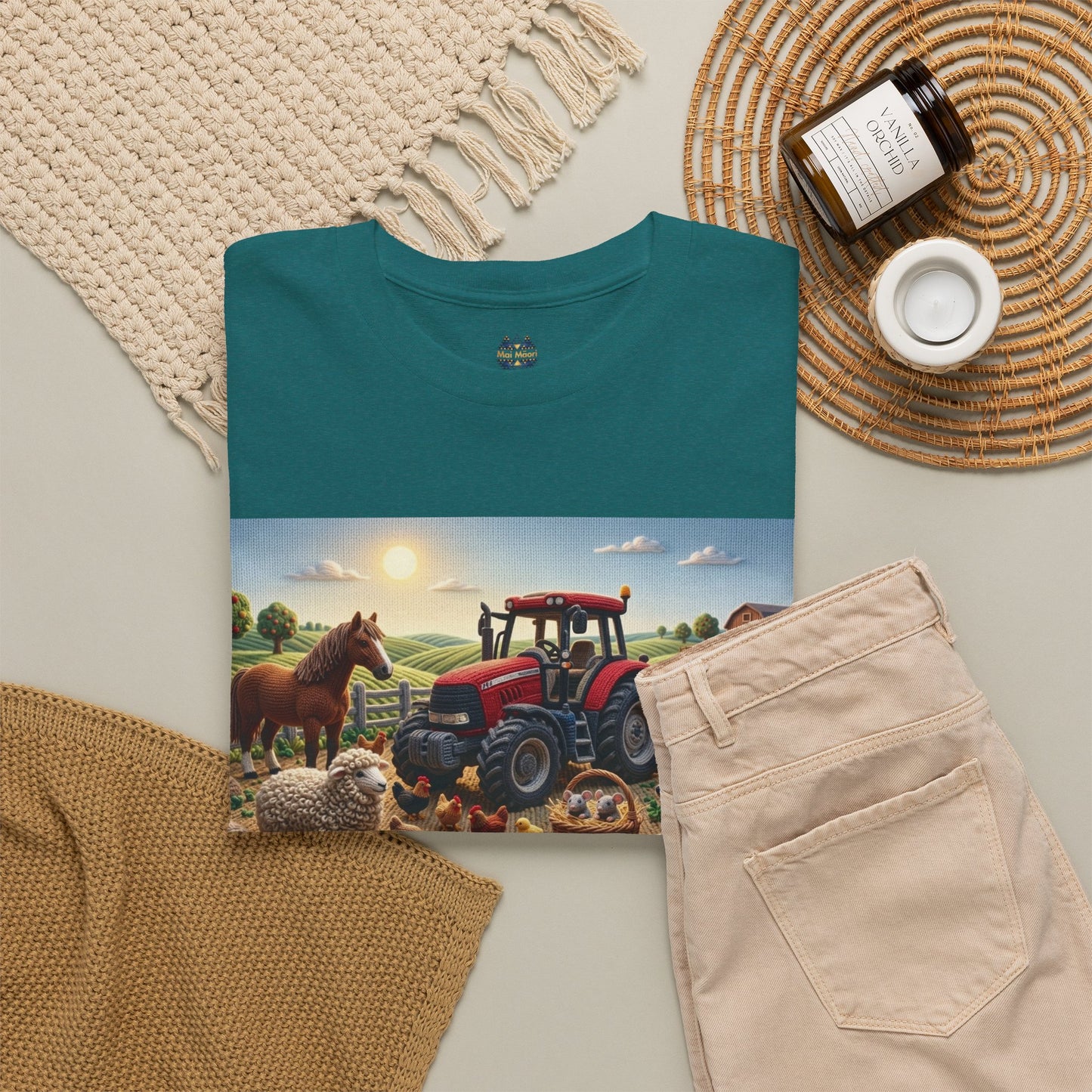 Teal T-shirt with tractor and farm animals graphic; crew neck