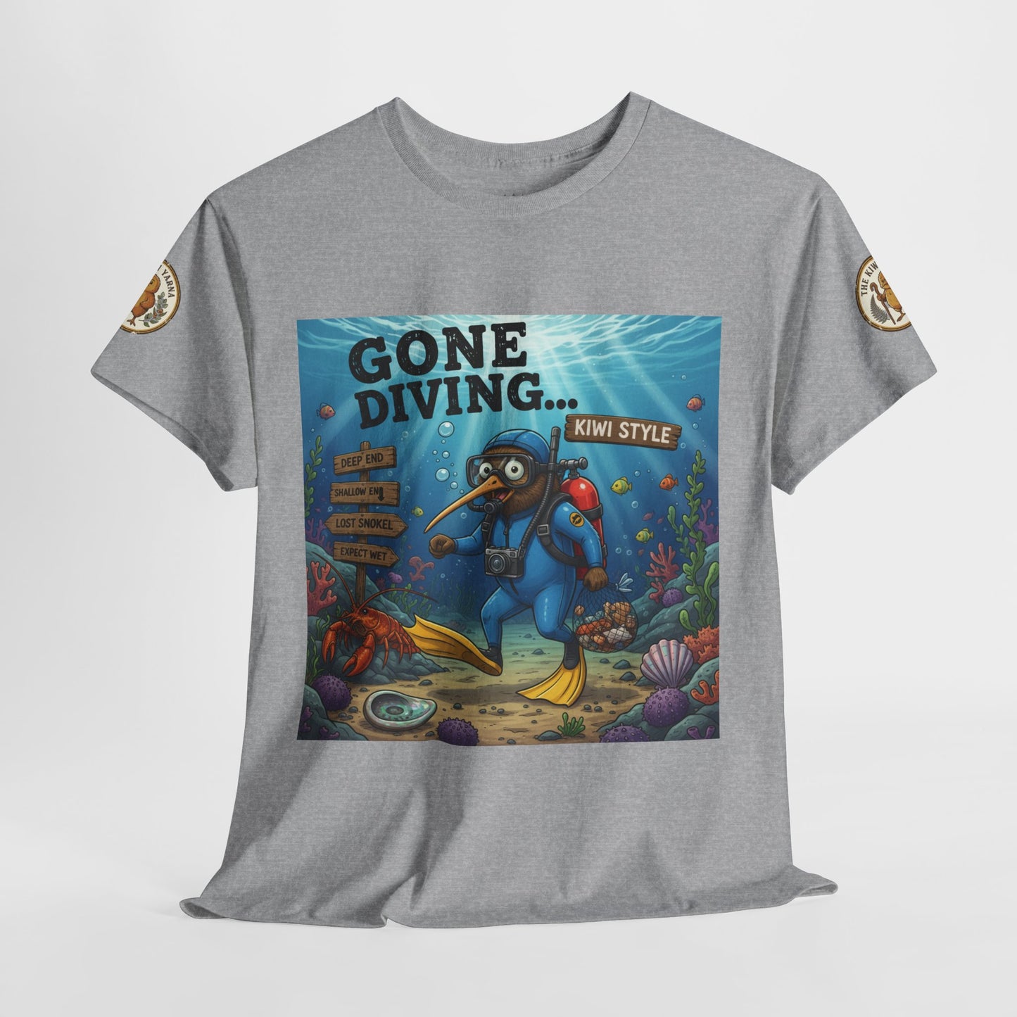 Gray crewneck graphic T-shirt with underwater diver square front print and sleeve patches