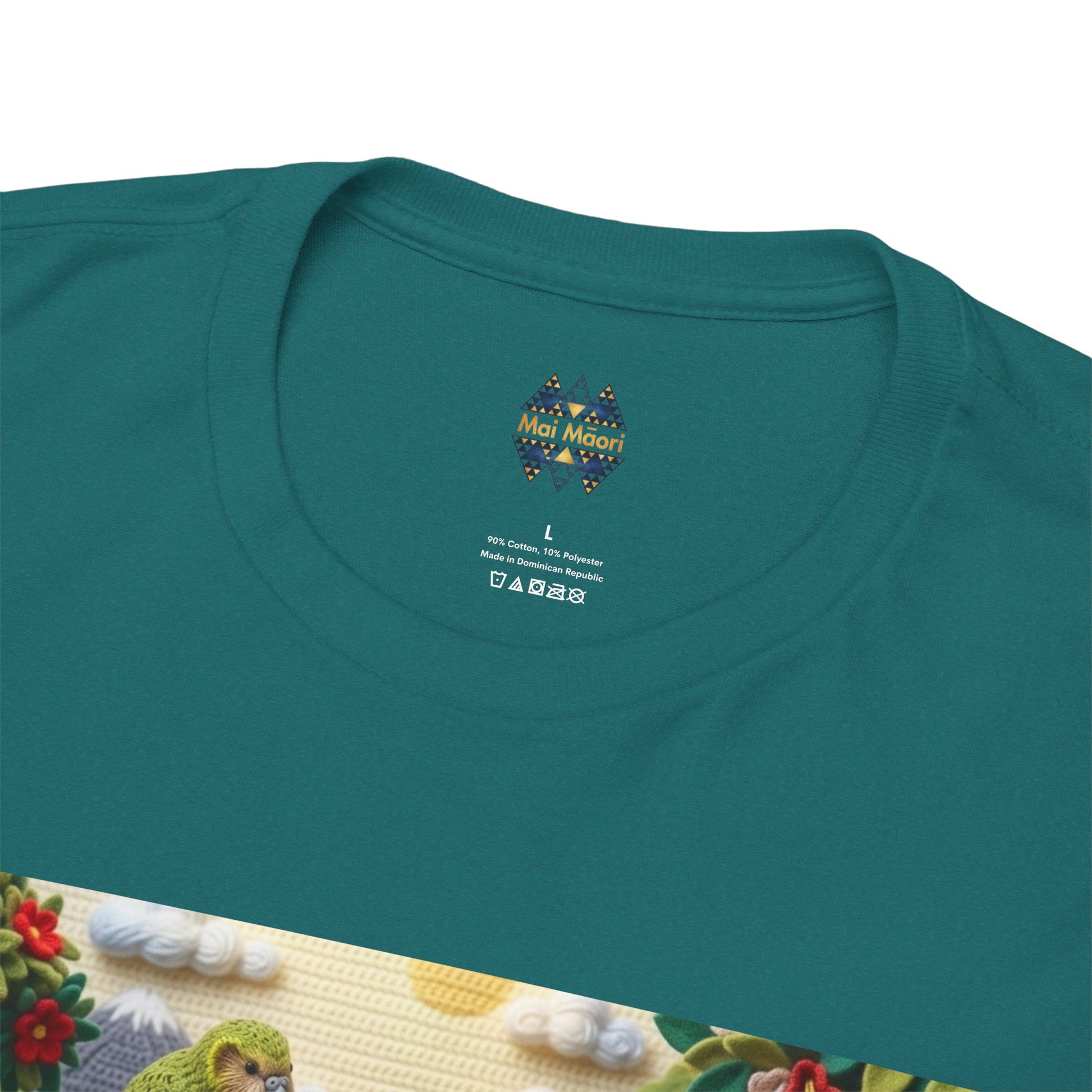 Close-up of teal T-shirt neckline with small chest logo and partial bird graphic panel.