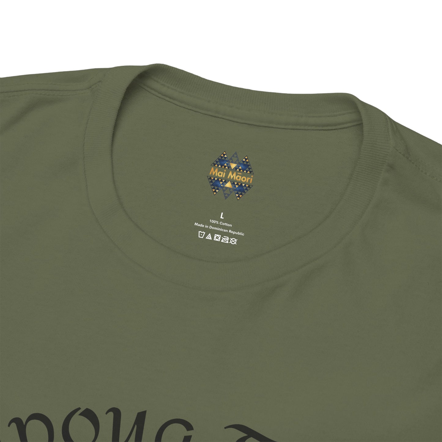 Olive T-shirt with small multicolor logo emblem on the chest near the neckline