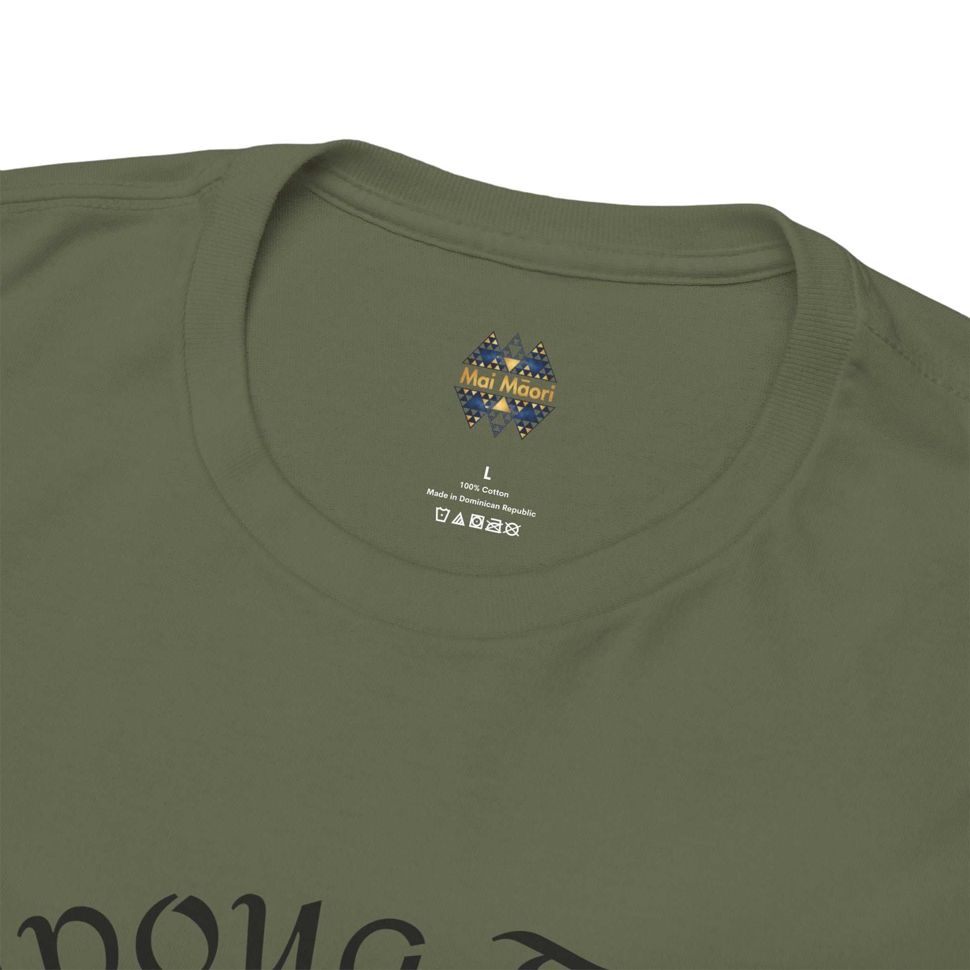 Olive T-shirt with small multicolor logo emblem on the chest near the neckline