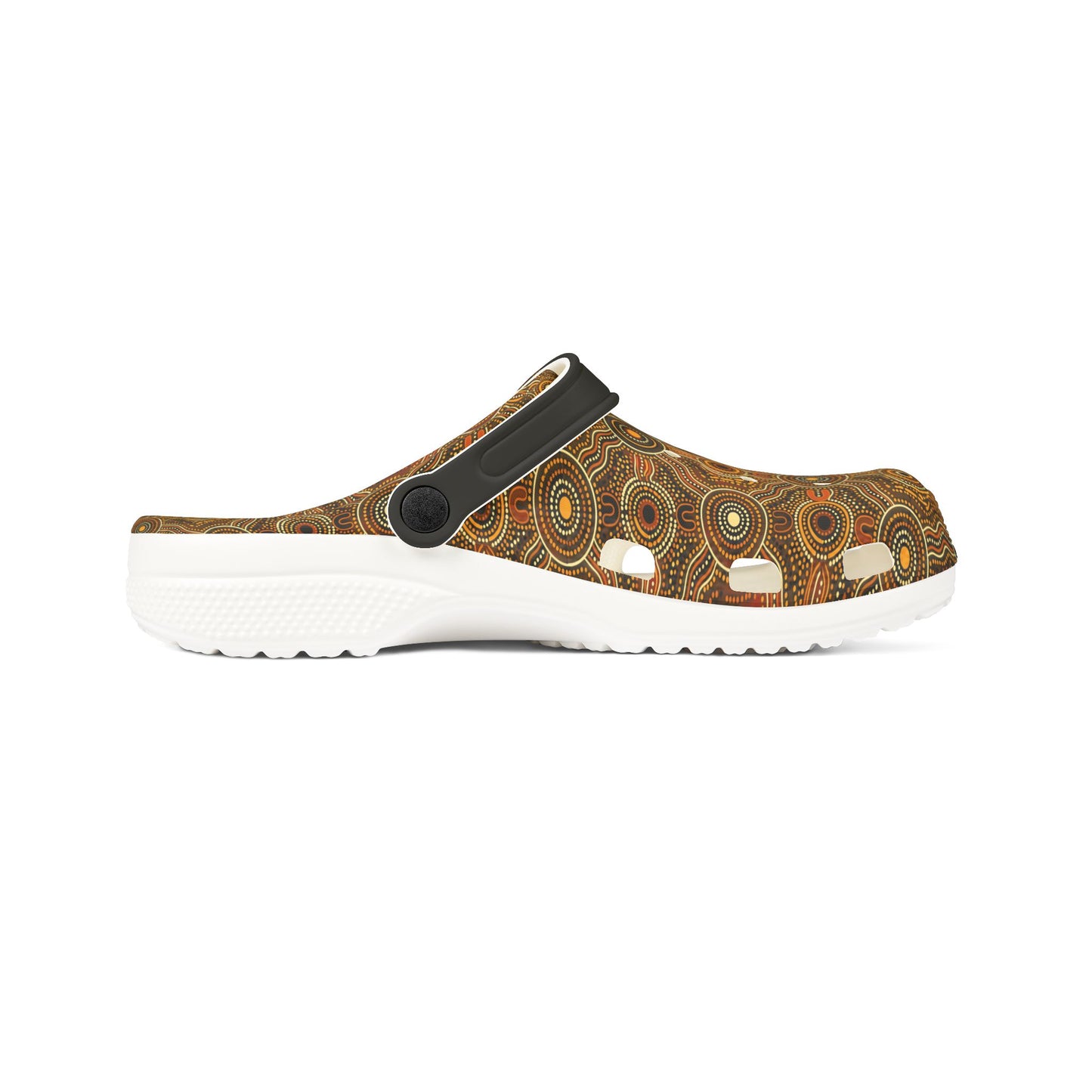 Side view clog sandal with brown patterned upper, black strap, white cushioned outsole