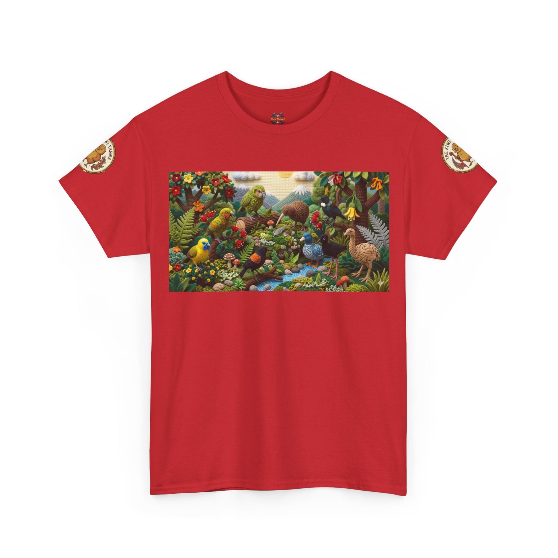 Red graphic T-shirt with birds-and-flowers rectangular front print and small sleeve badges