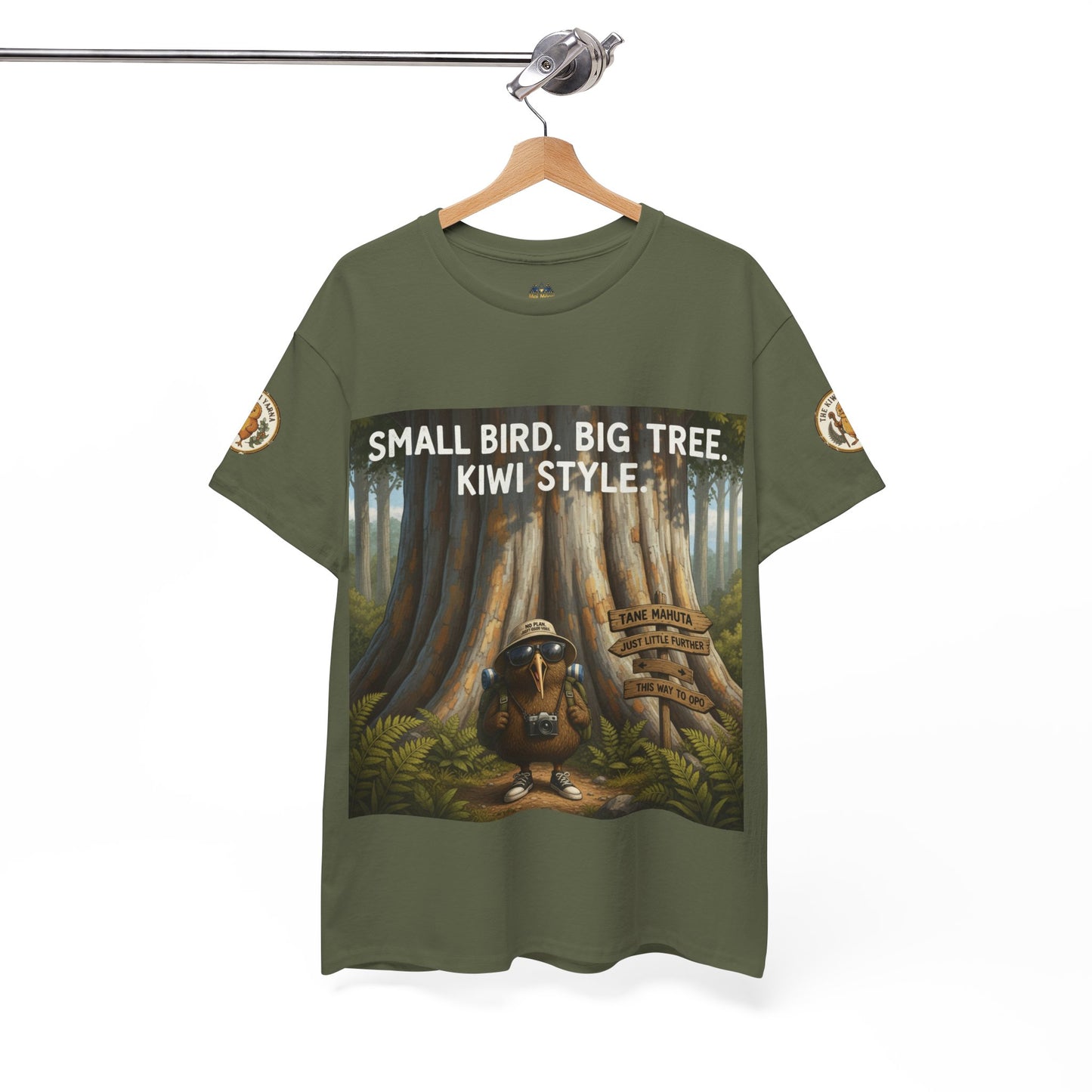 Forest green short-sleeve graphic T-shirt on hanger with “Kiwi Style” artwork
