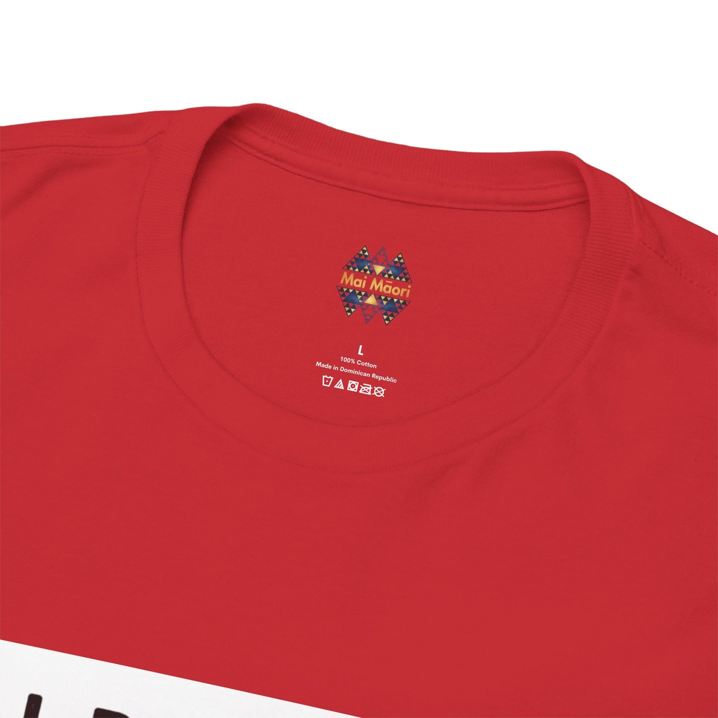 Red t-shirt close-up of chest logo on crew neck