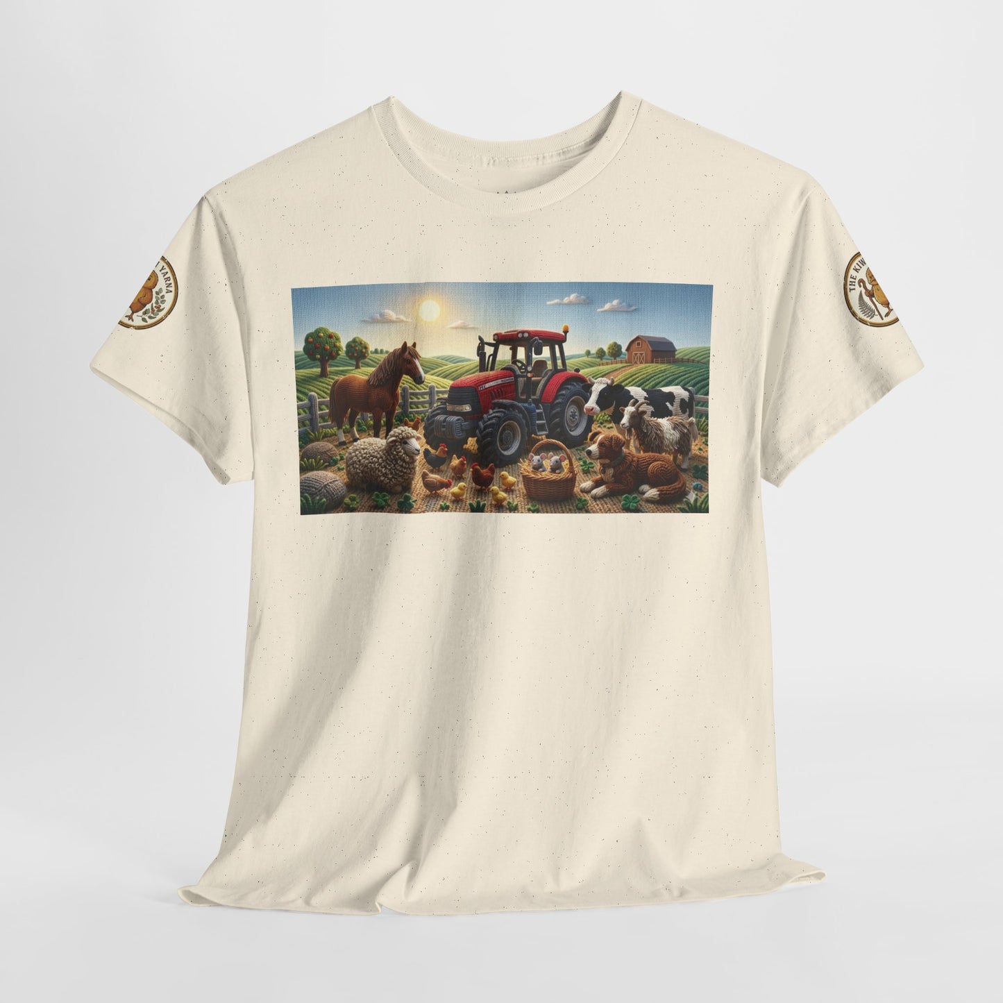 Natural T-shirt with large farm tractor scene graphic and round sleeve logo.
