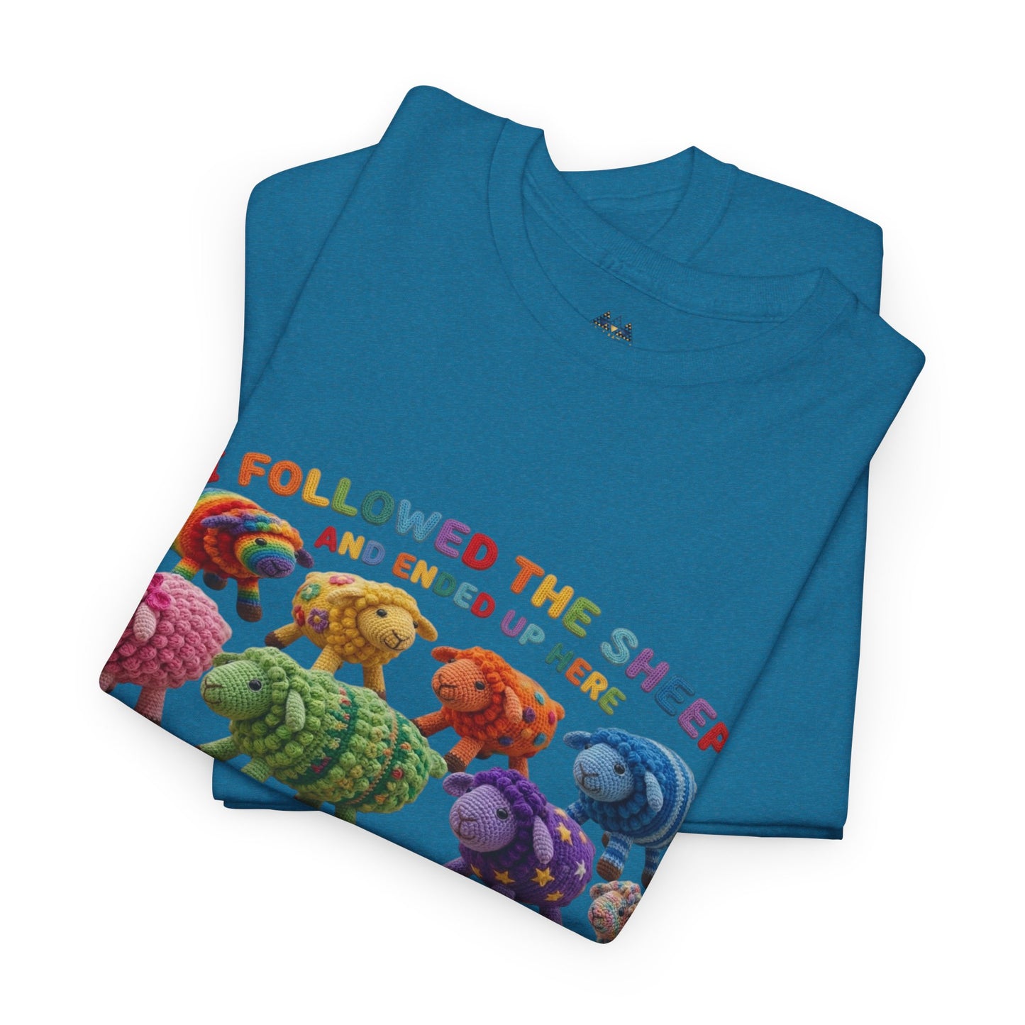 Teal T-shirt with colorful sheep graphic and red slogan text on front