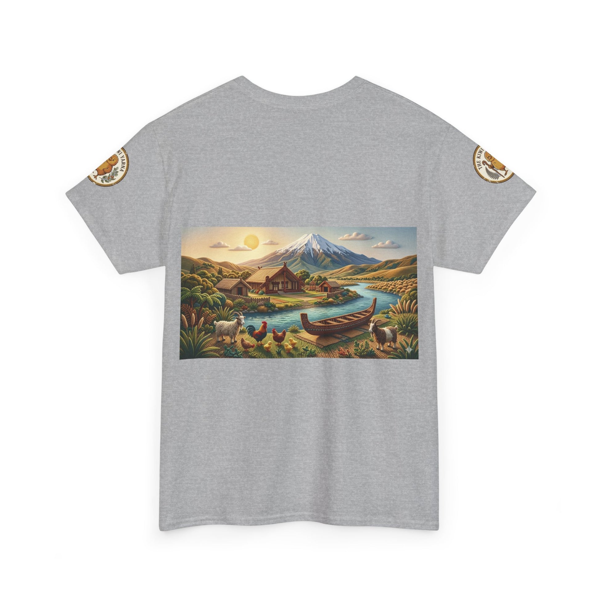 Heather gray graphic t-shirt with landscape print panel and circular sleeve patch on both sides