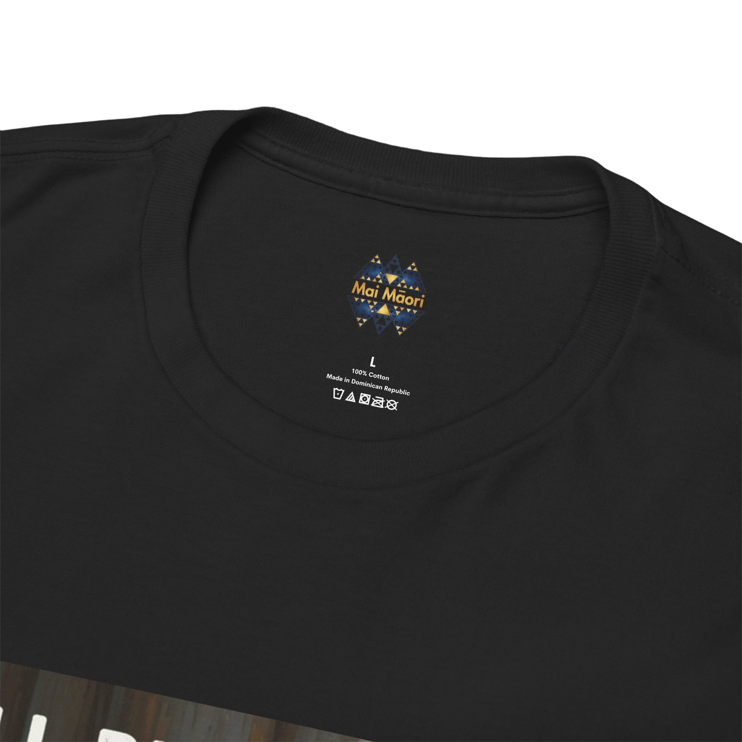 Black crew-neck T-shirt with small back neck logo and size label