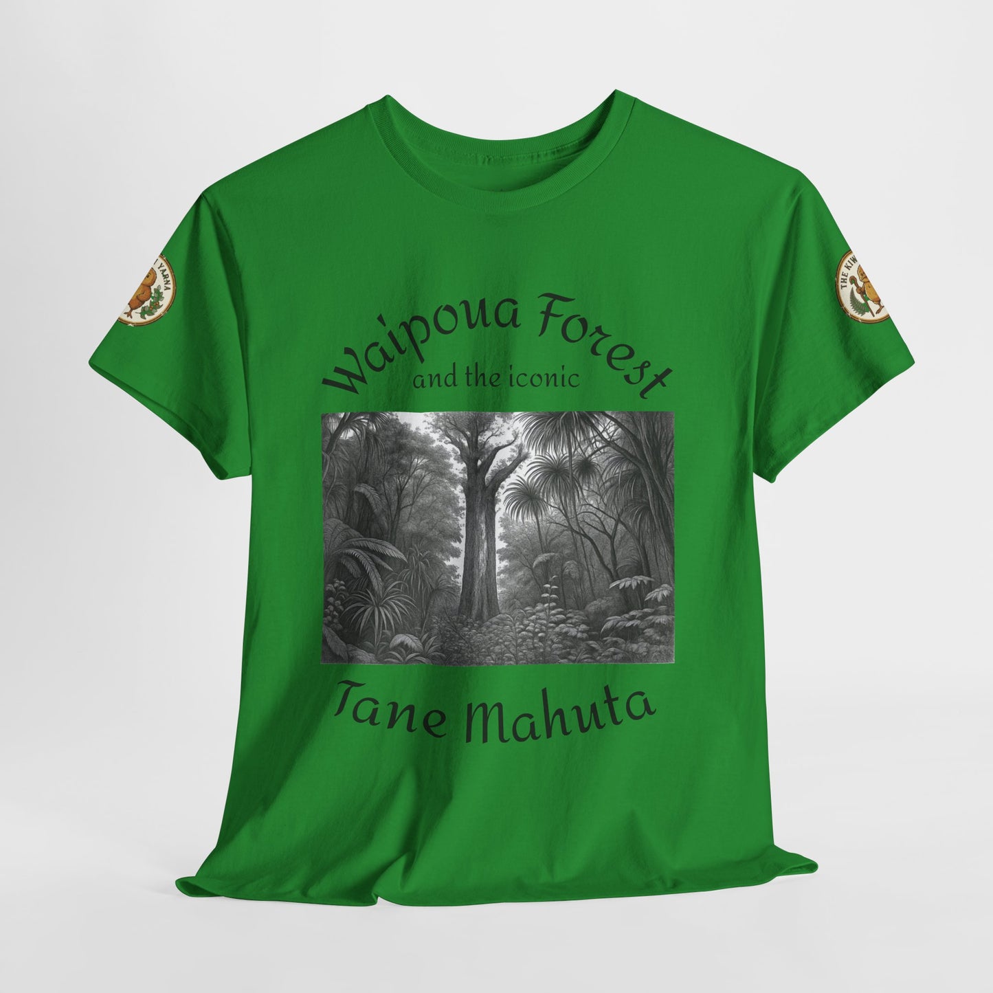 Green graphic T-shirt with forest photo print and Waipoua Forest/Tane Mahuta text, front