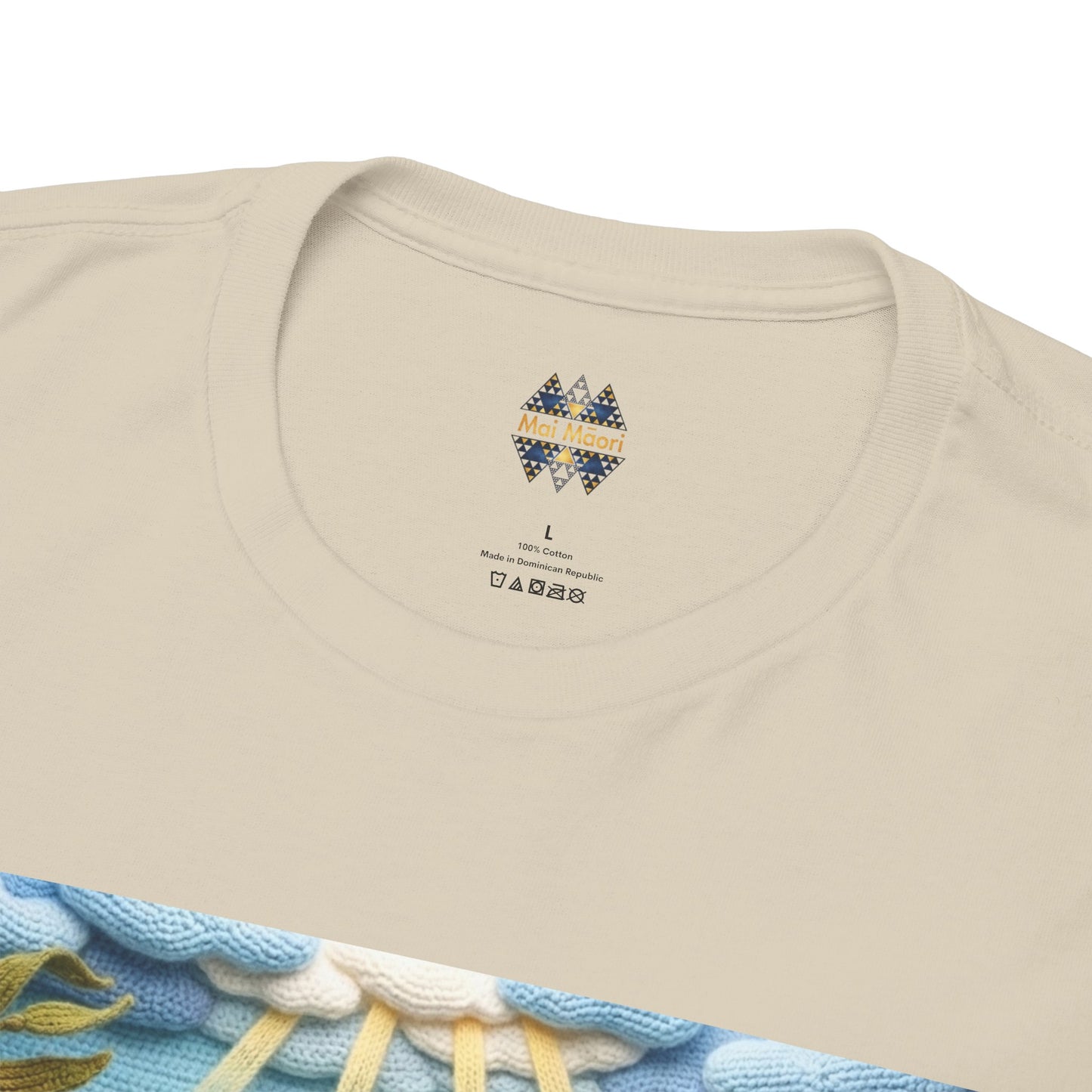 Under the sea T-shirt collar close-up, light beige back neck logo detail