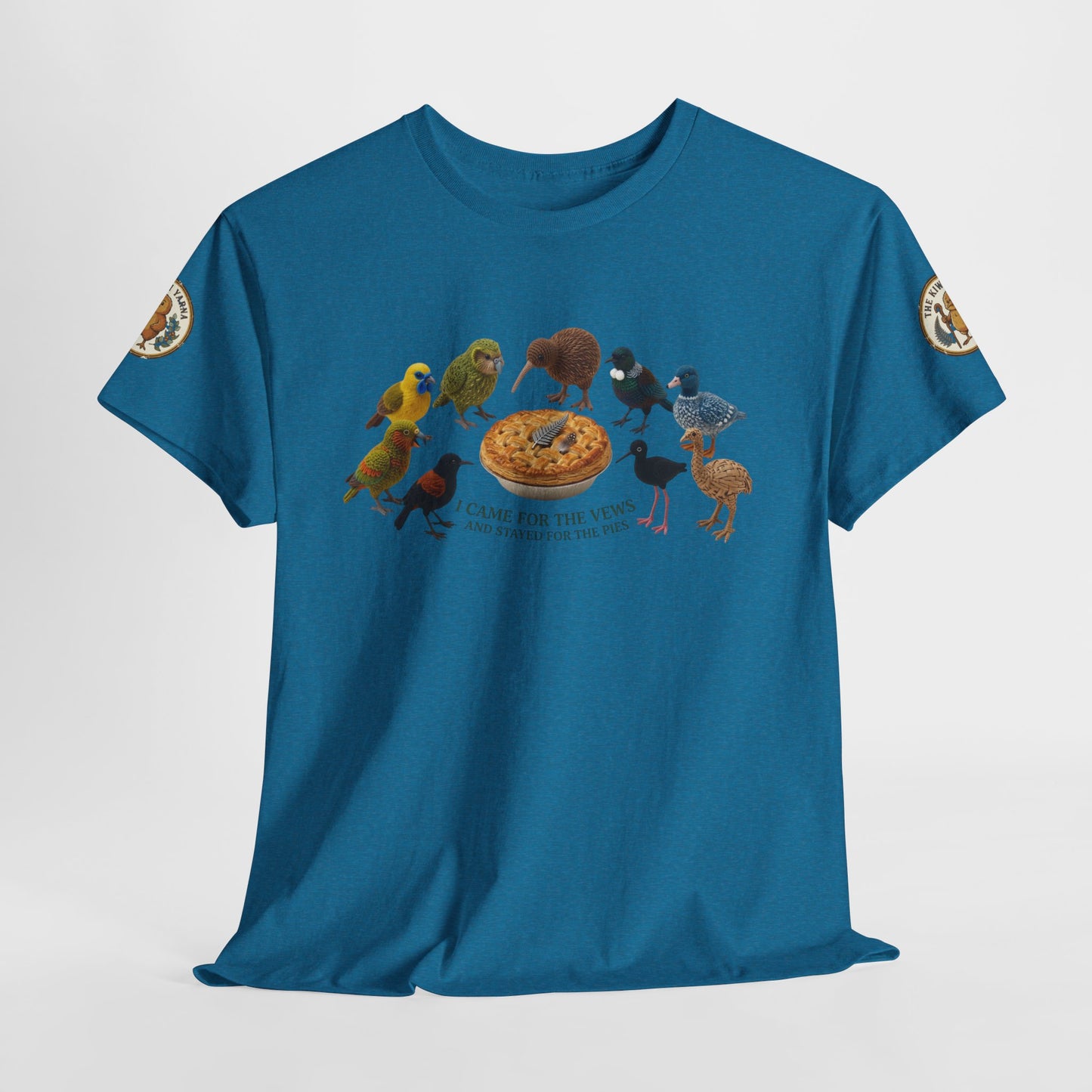 Blue graphic T-shirt with bird-and-pizza front print and small sleeve patches