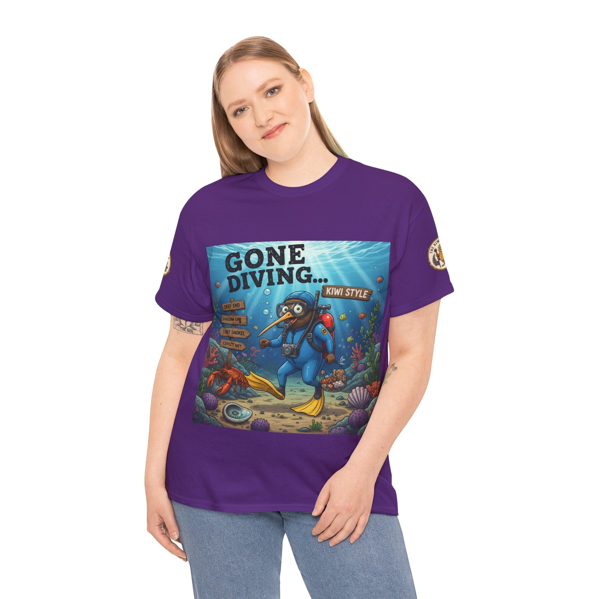 Purple graphic crew-neck T-shirt on model with ocean diver front print
