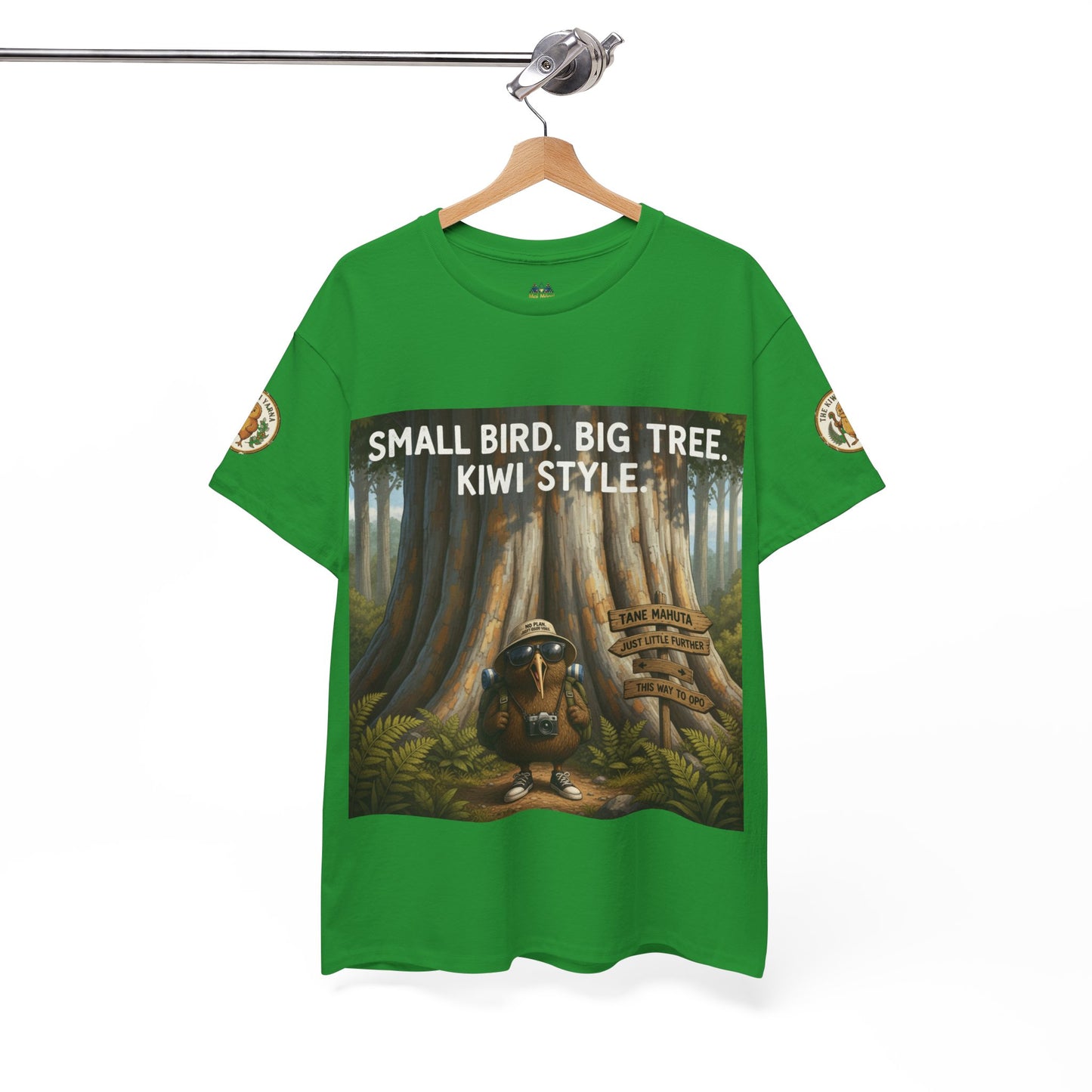 Bright green kids graphic T-shirt on hanger with forest scene front print