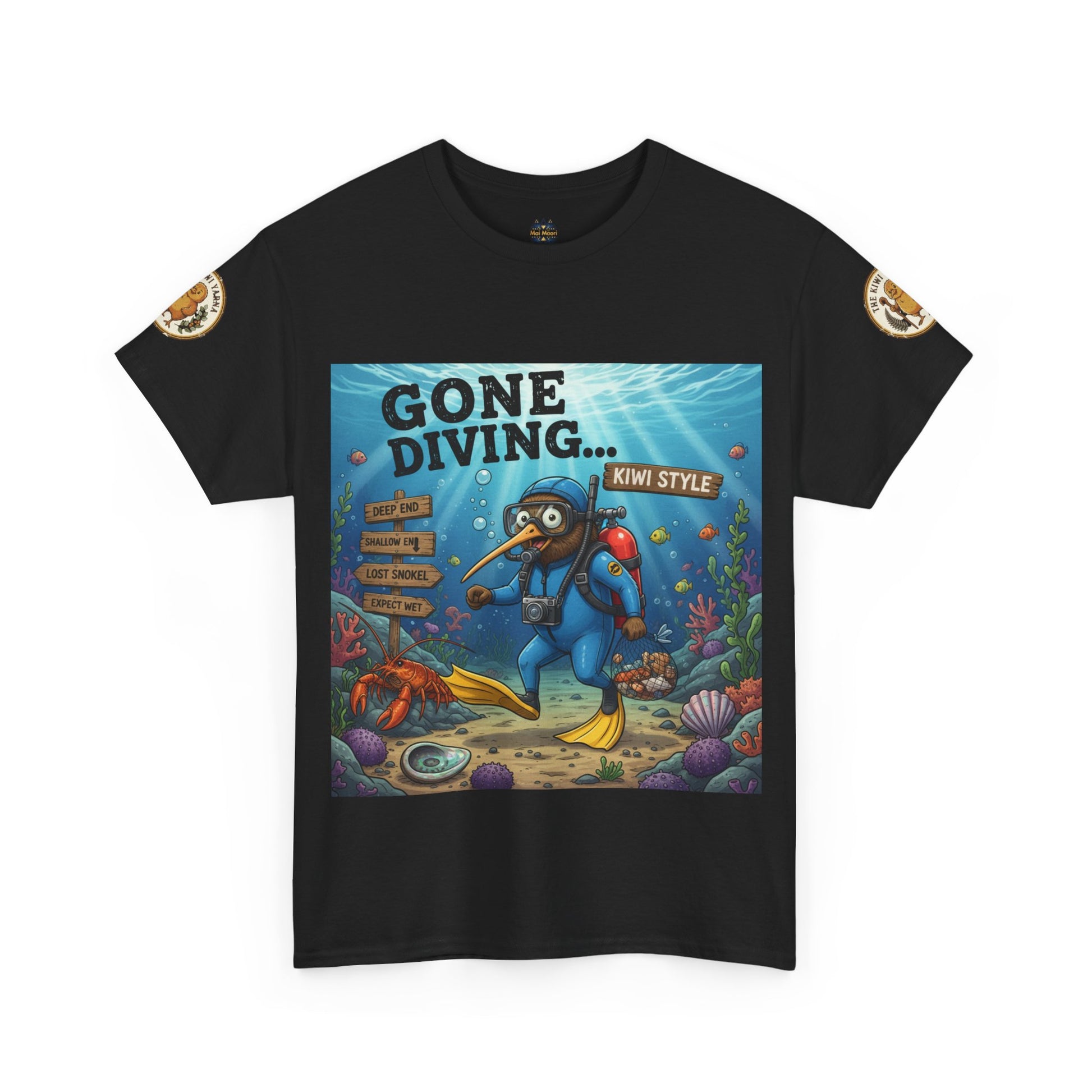 Black crew-neck T-shirt with ocean diver graphic and round sleeve patches