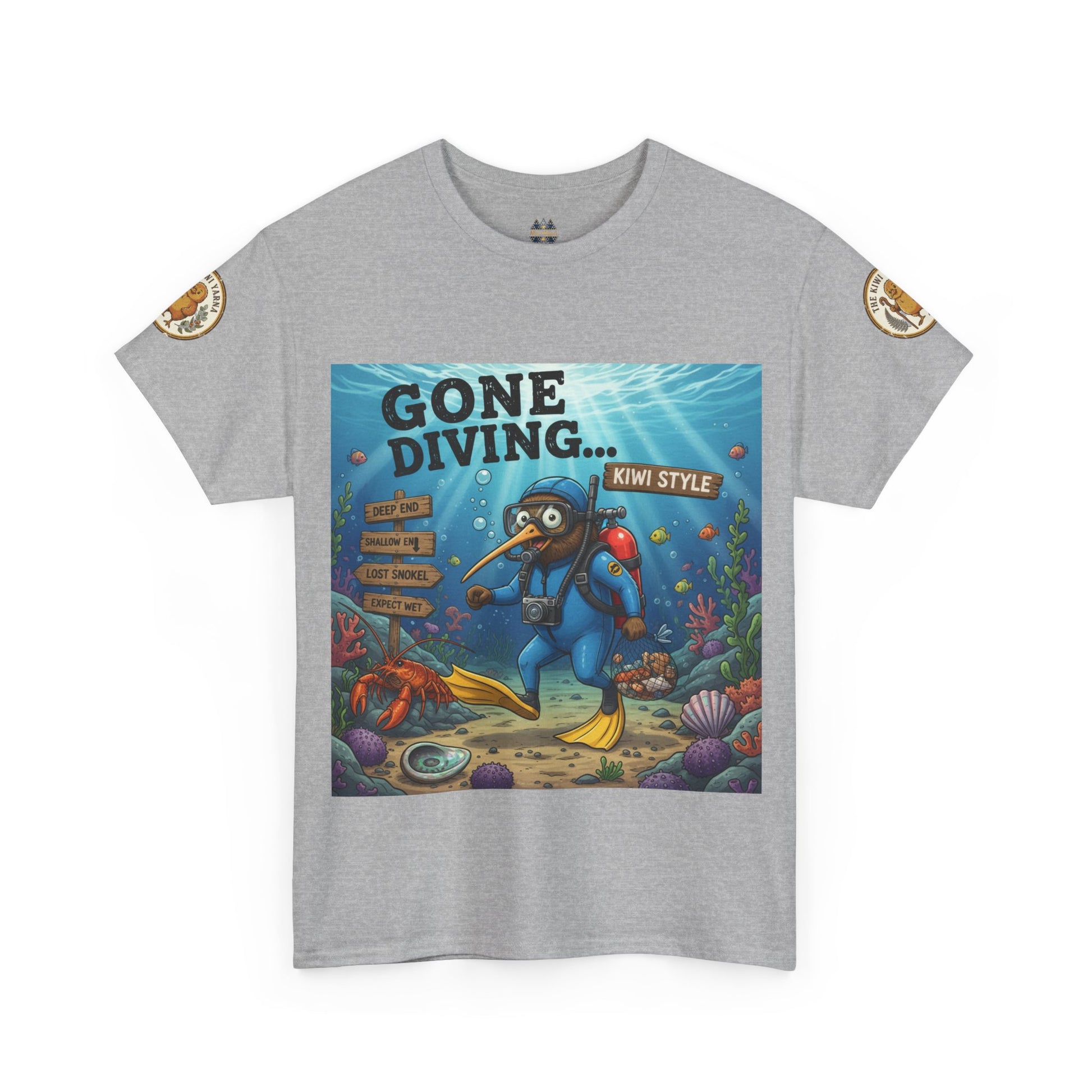 Heather gray crew-neck T-shirt with ocean diver graphic and round sleeve patches