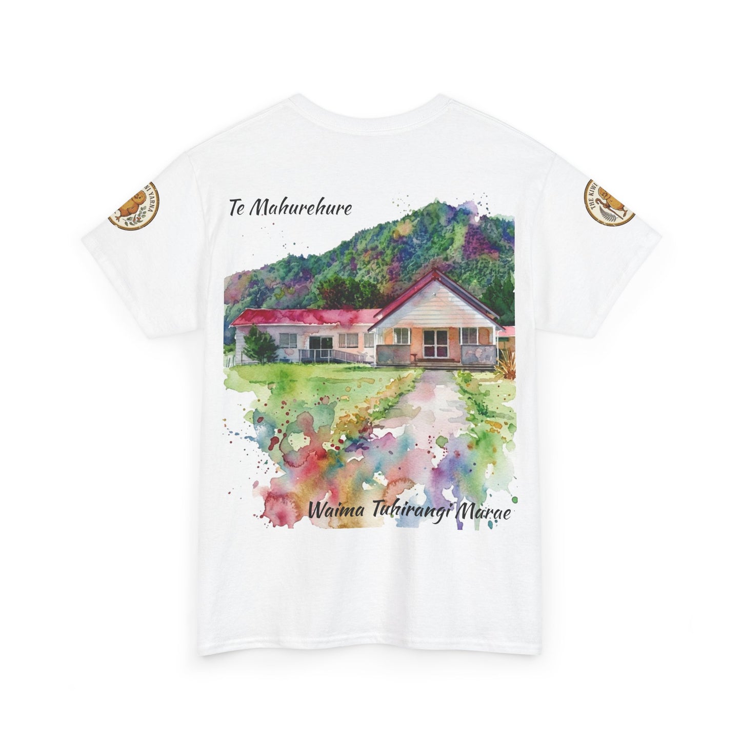 White T-shirt with watercolor house graphic and colorful landscape print