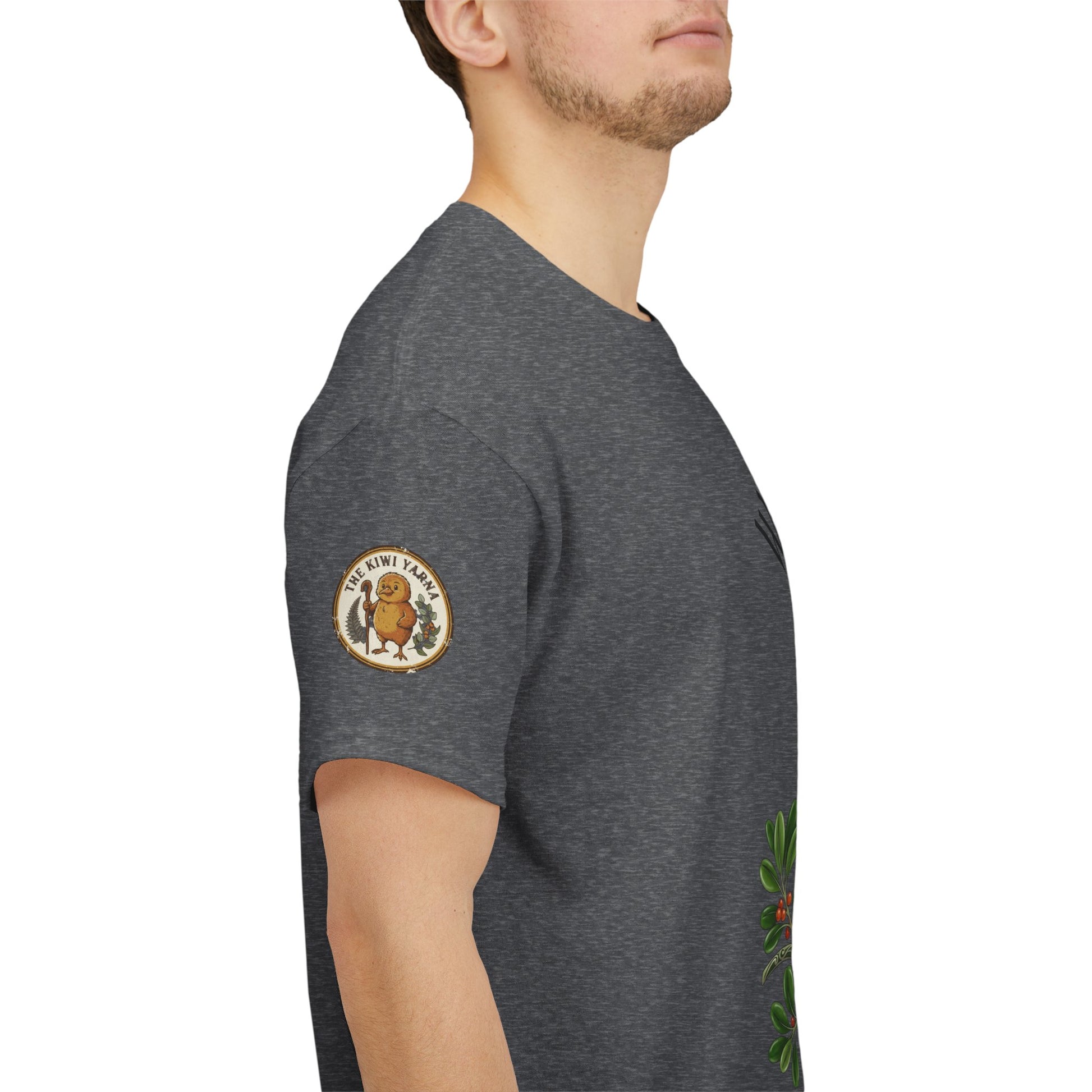 Dark gray heather T-shirt with round emblem patch on short sleeve