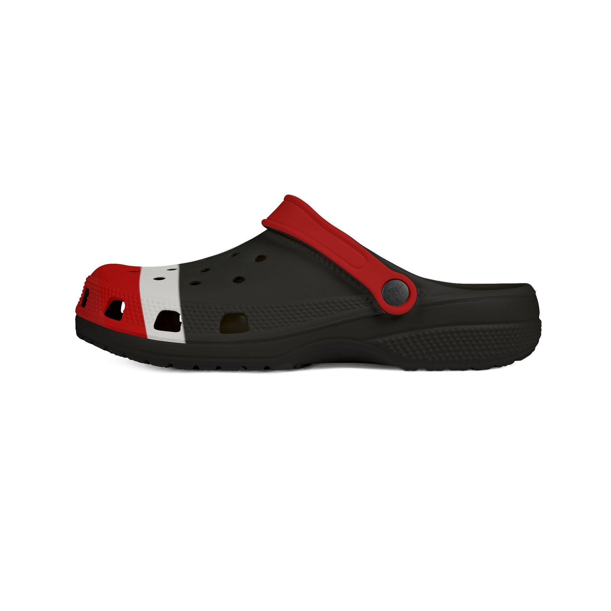 Red slip-on clog with black sidewall, round vent holes, and strap