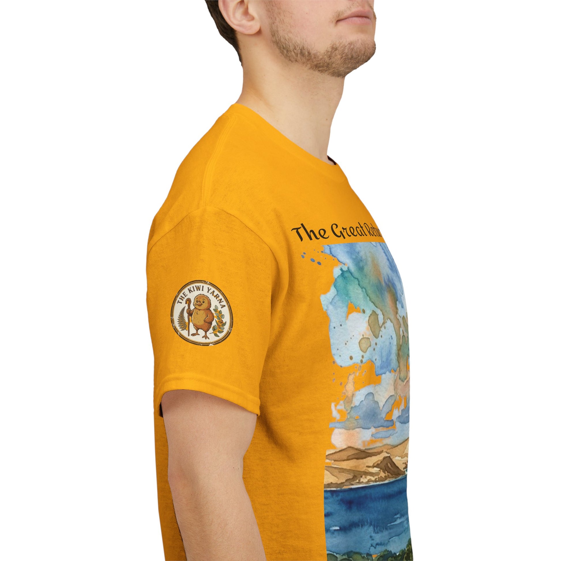 Yellow Hokianga Harbour graphic T-shirt side view with sleeve badge and landscape panel