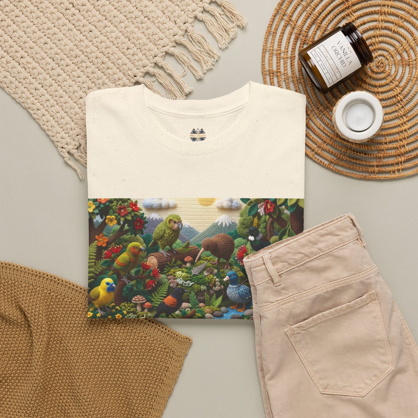 Off-white t-shirt with birds-in-garden graphic panel, plus crew logo on neckline