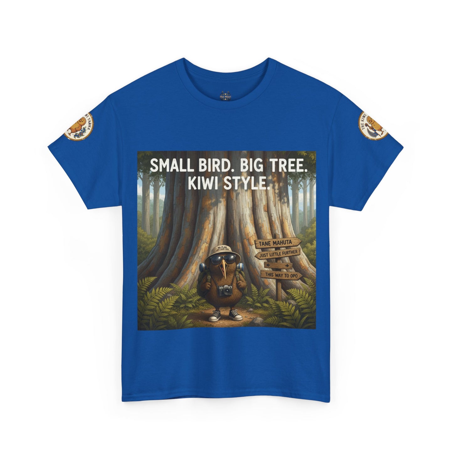 Royal blue graphic T-shirt with bird-and-tree scene print, short sleeves