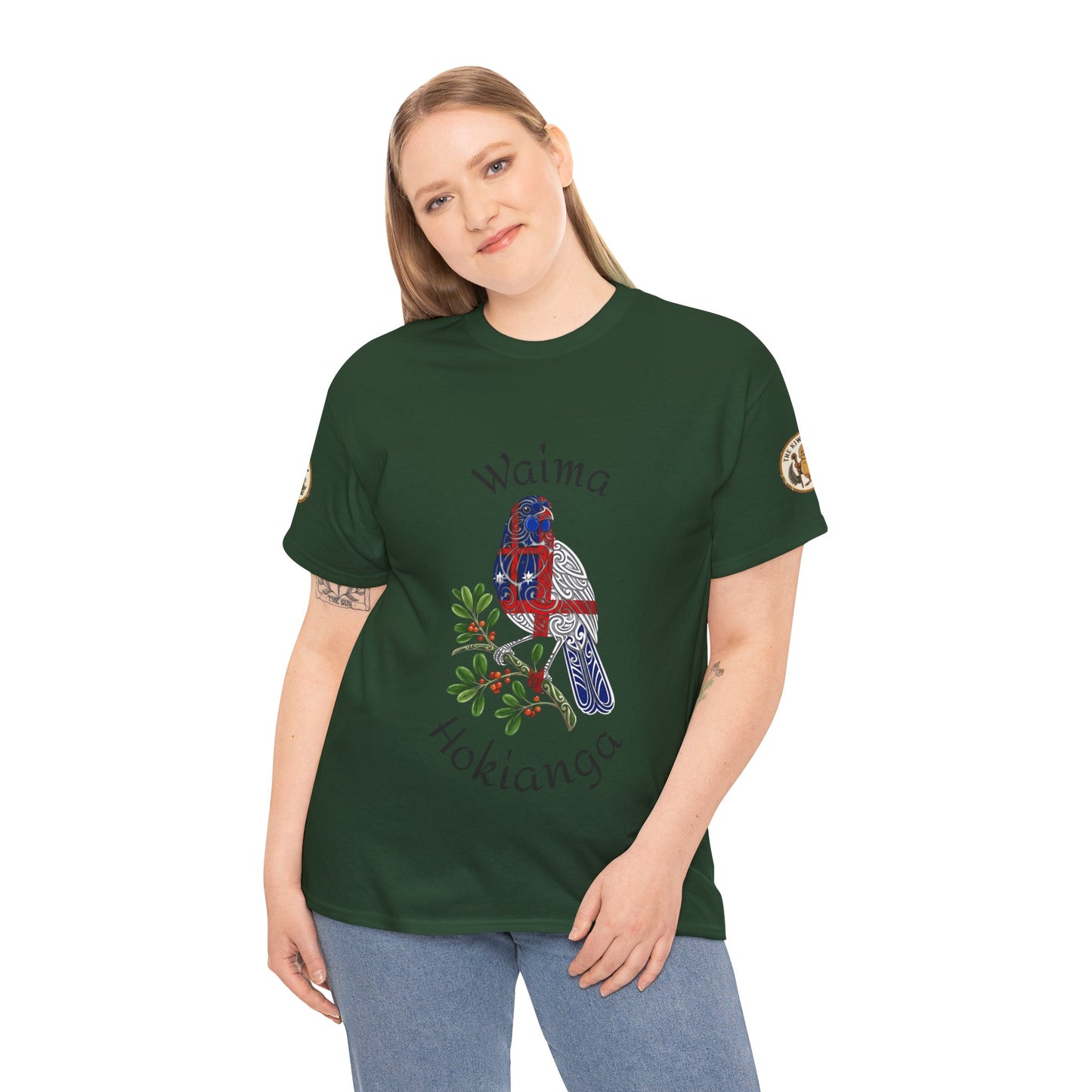 Green T-shirt worn by model, front bird illustration with decorative text.