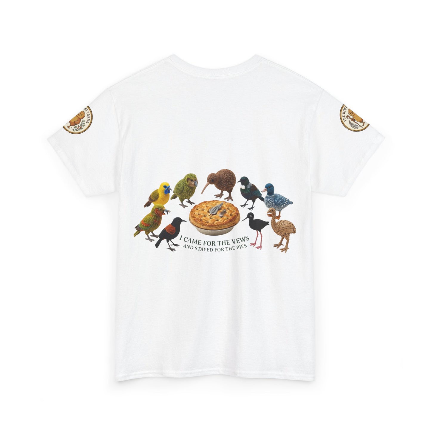 White crew-neck T-shirt with colorful birds and pie graphic, front view.