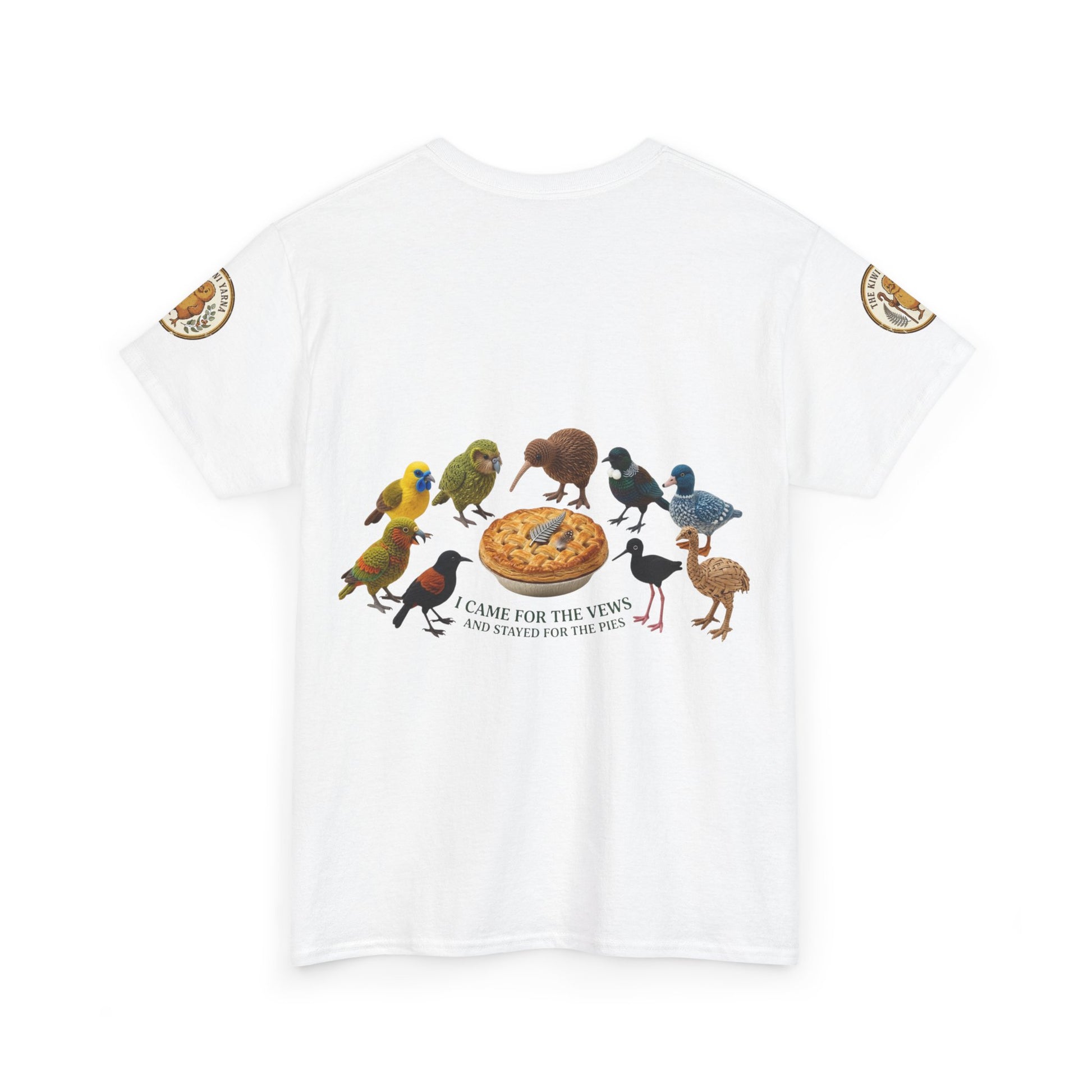 White crew-neck T-shirt with colorful birds and pie graphic, front view.