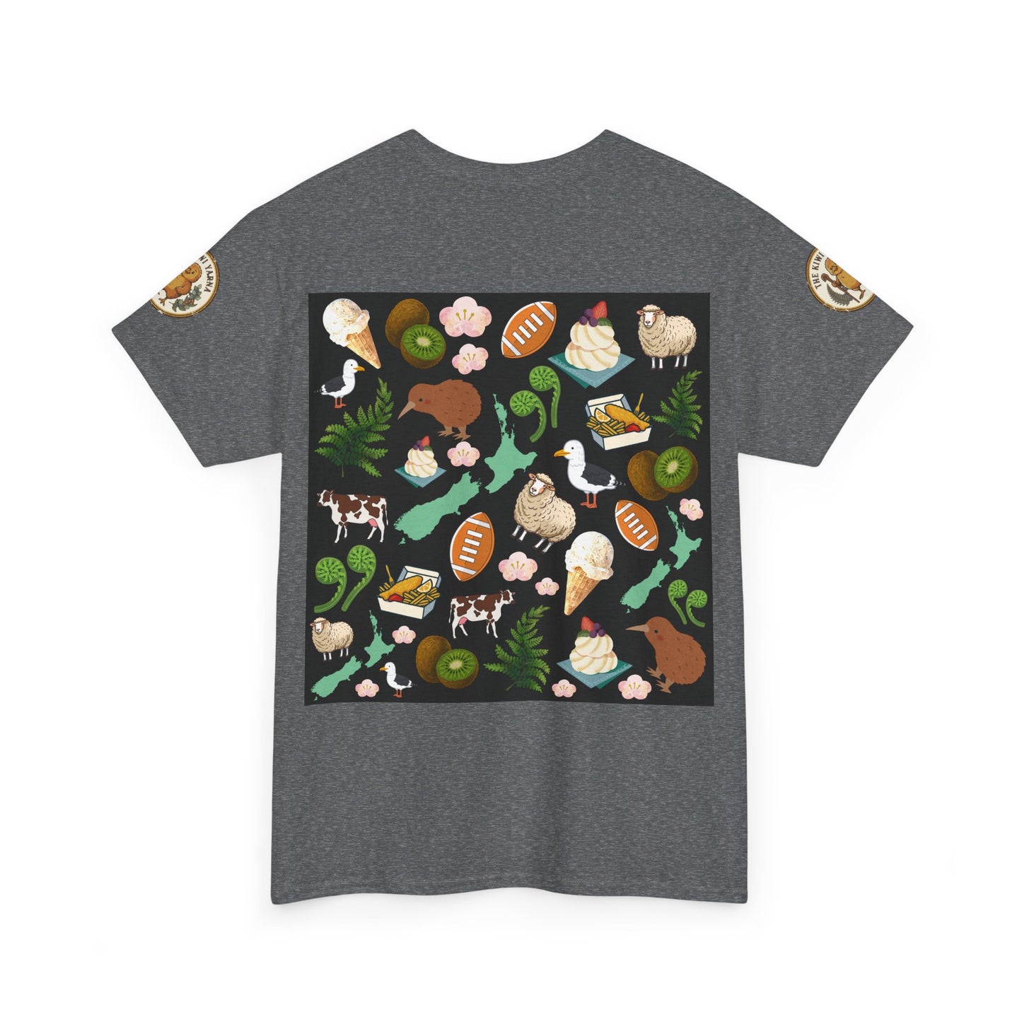 Gray crew-neck short-sleeve T-shirt with colorful Kiwiana-style animal and plant graphic