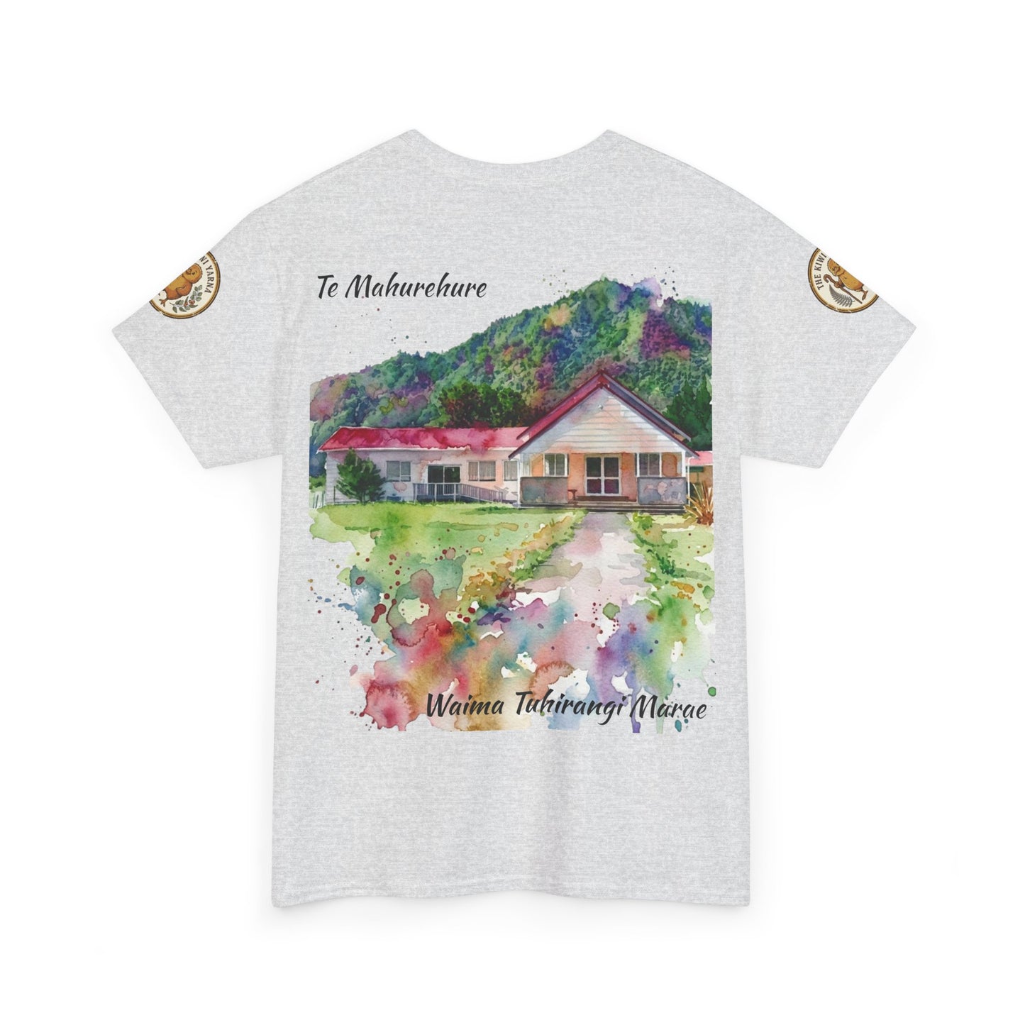 Heather grey crewneck T-shirt with watercolor marae house graphic and curved text.
