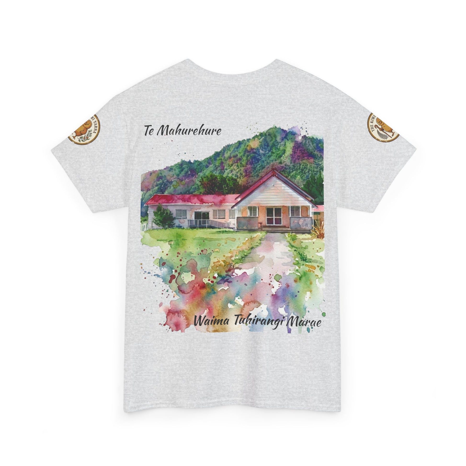 Heather grey crewneck T-shirt with watercolor marae house graphic and curved text.