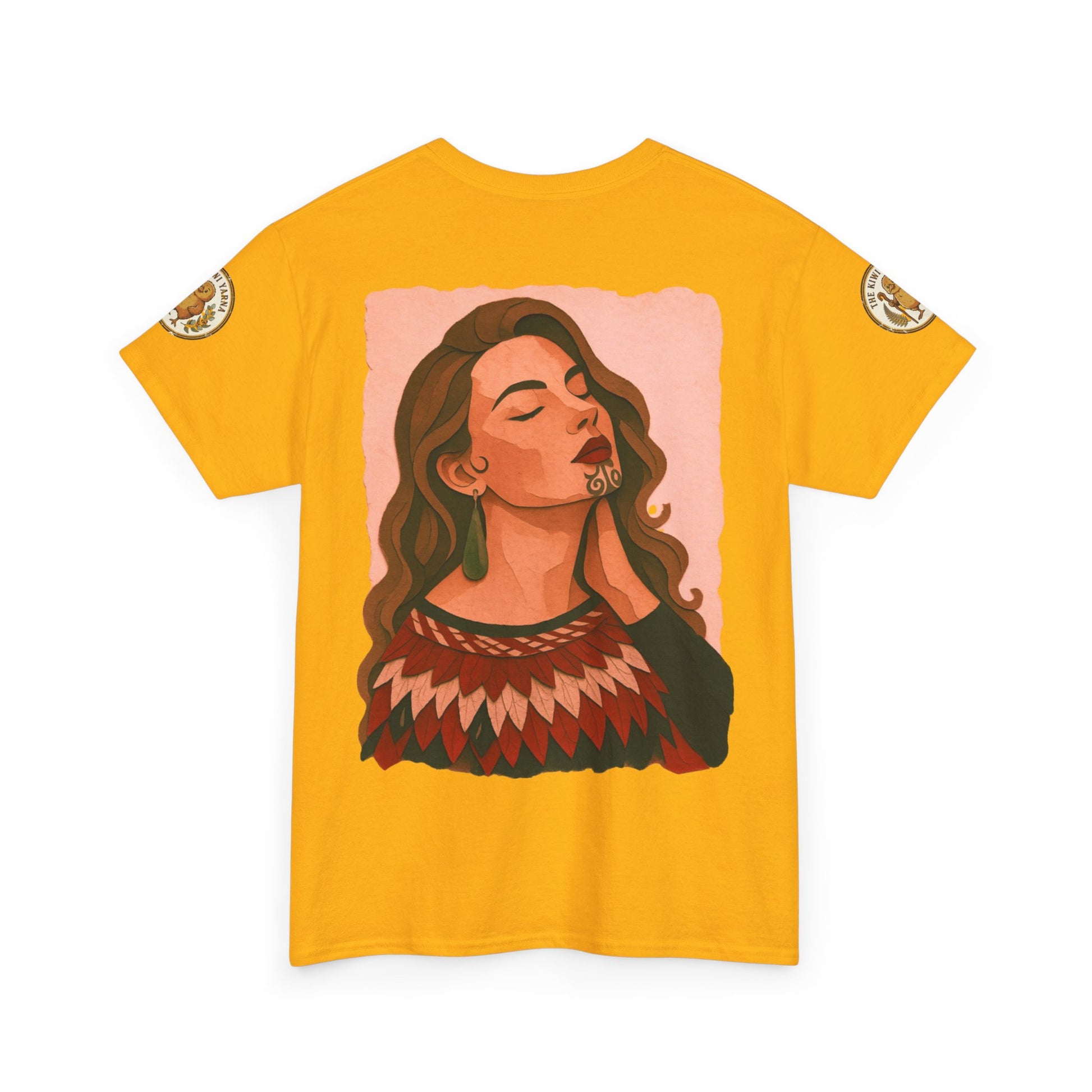 Mustard yellow crew-neck t-shirt with woman portrait graphic and short sleeves.